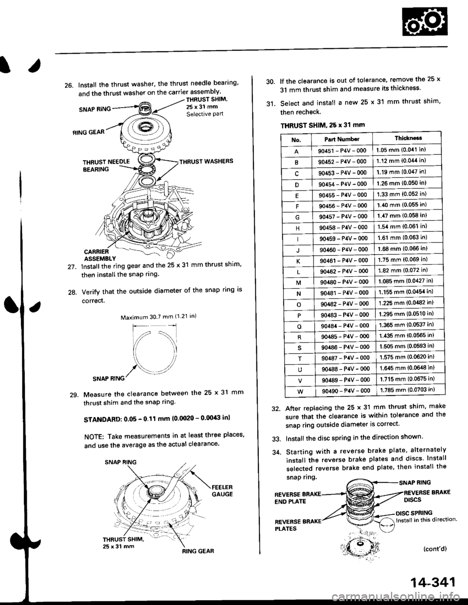 HONDA CIVIC 1998 6.G Repair Manual 26. Install the thrust washer, the thrust needle bearing
and the thrust washer on the carrier assembly
SNAP RING
THRUST SHIM,
25x31 mm
Selective Pan
21.
24.
RING GEAR
THRUST NEEDLETHRUST WASHERS
EEA HONDA CIVIC 1998 6.G Repair Manual 26. Install the thrust washer, the thrust needle bearing
and the thrust washer on the carrier assembly
SNAP RING
THRUST SHIM,
25x31 mm
Selective Pan
21.
24.
RING GEAR
THRUST NEEDLETHRUST WASHERS
EEA