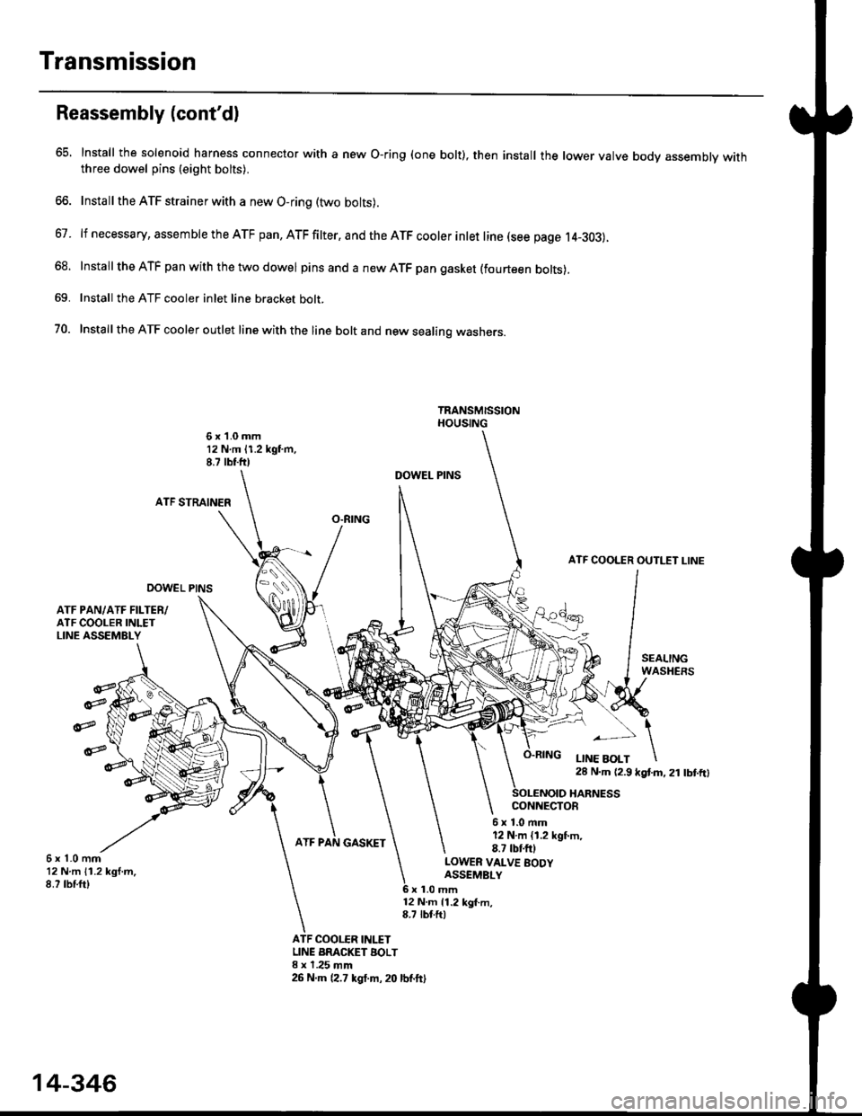 HONDA CIVIC 1998 6.G Service Manual Transmission
Reassembly (contdl
65 lnstall the solenoid harness connector with a new O-ring (one bolt), then install the lower valve body assembly withthree dowel pins (eight bolts).
66. Install the HONDA CIVIC 1998 6.G Service Manual Transmission
Reassembly (contdl
65 lnstall the solenoid harness connector with a new O-ring (one bolt), then install the lower valve body assembly withthree dowel pins (eight bolts).
66. Install the
