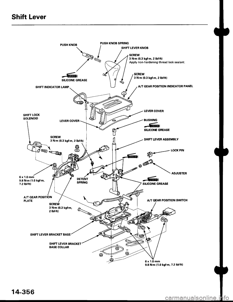 HONDA CIVIC 1997 6.G Workshop Manual Shift Lever
KNOBLEVER
SCREW
,l
PUSH KNOE SPRING
SHIFTPUSH KNOB
\

e
X./
,/
-6rSILICONE GREASE
SHIFT INDICATOR LAMP.
SCREW3 N.m 10.3 kgl.m.2 lbf.ttl
/ tnrnJl / I 3 N.n l0.3 xgt m, 2 lbf ftl
a,-,/ / App
