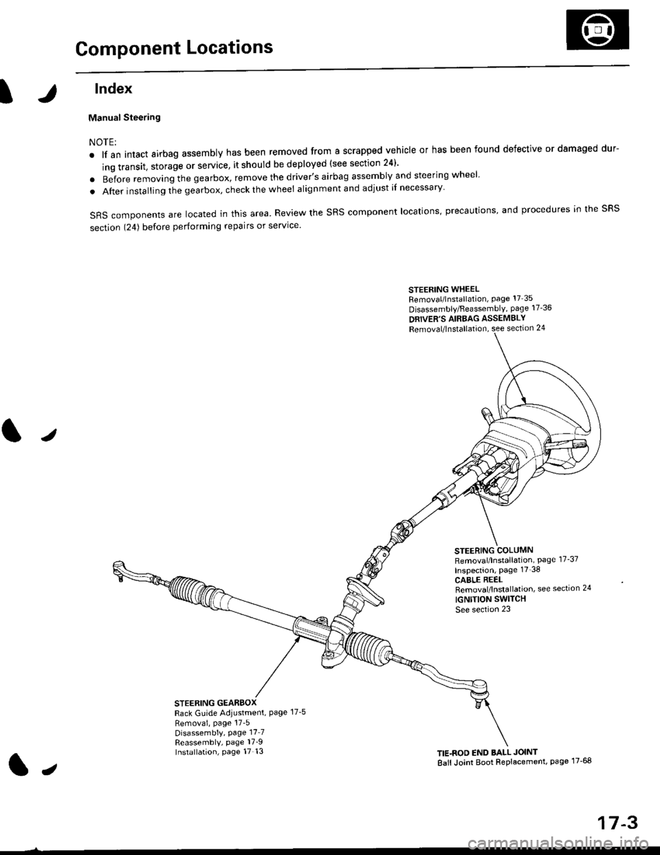 HONDA CIVIC 1999 6.G Workshop Manual Component Locations
tlndex
Manual Steering
NOTE:
. lf an intact airbag assembly has been removed from a scrapped vehicle or has been found defective or damaged dur-
ing transit. storage or service, it HONDA CIVIC 1999 6.G Workshop Manual Component Locations
tlndex
Manual Steering
NOTE:
. lf an intact airbag assembly has been removed from a scrapped vehicle or has been found defective or damaged dur-
ing transit. storage or service, it
