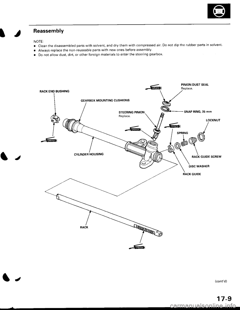 HONDA CIVIC 1999 6.G Workshop Manual Reassembly
NOTE:
. Clean the disassembled parts with solvent, and dry them with compressed air. Do not dip the rubber parts in solvent.
. Alwavs replace the non reuseable parts with new ones before as HONDA CIVIC 1999 6.G Workshop Manual Reassembly
NOTE:
. Clean the disassembled parts with solvent, and dry them with compressed air. Do not dip the rubber parts in solvent.
. Alwavs replace the non reuseable parts with new ones before as