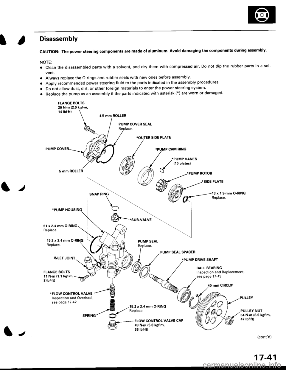 HONDA CIVIC 1997 6.G User Guide Disassembly
CAUTION: The power steering components are made of aluminum. Avoid damaging the components during assembly.
NOTE:
. Ctean the disassembled parts with a solvent, and dry them with compresse HONDA CIVIC 1997 6.G User Guide Disassembly
CAUTION: The power steering components are made of aluminum. Avoid damaging the components during assembly.
NOTE:
. Ctean the disassembled parts with a solvent, and dry them with compresse