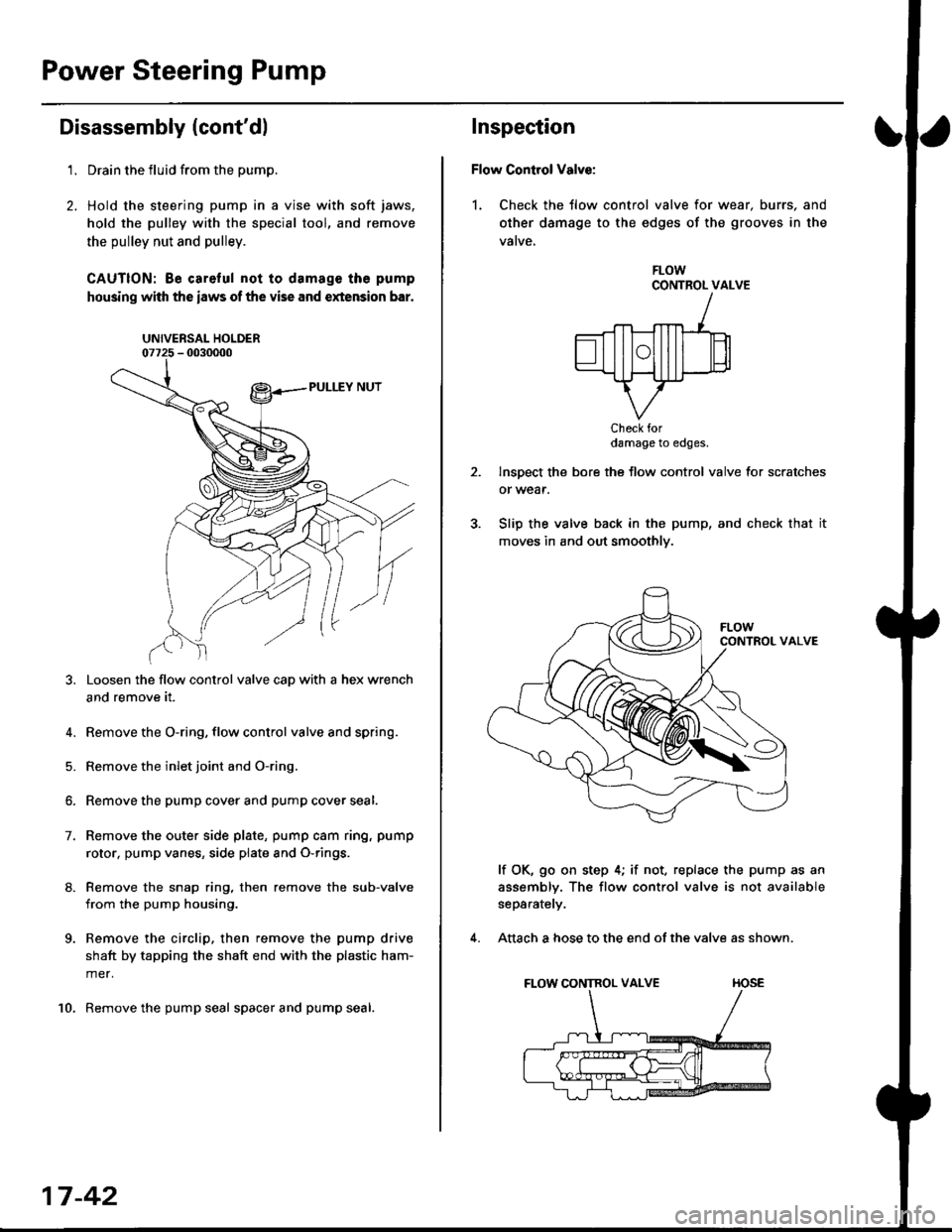 HONDA CIVIC 1996 6.G Workshop Manual Power Steering Pump
Disassembly (contdl
2.
t.Drain the fluid from the pump.
Hold the steering pump in a vise with soft jaws,
hold the pulley with the special tool, and remove
the pulley nut and pull