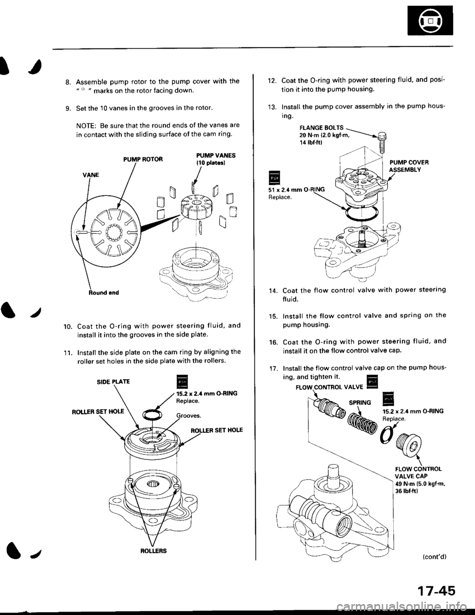 HONDA CIVIC 1996 6.G Workshop Manual I
8.
9.
Assemble pump rotor to the pump cover with the" " " marks on the rotor facing down.
Set the 10 vanes in the grooves in the rotor.
NOTE: Be sure that the round ends ot the vanes are
in contact 