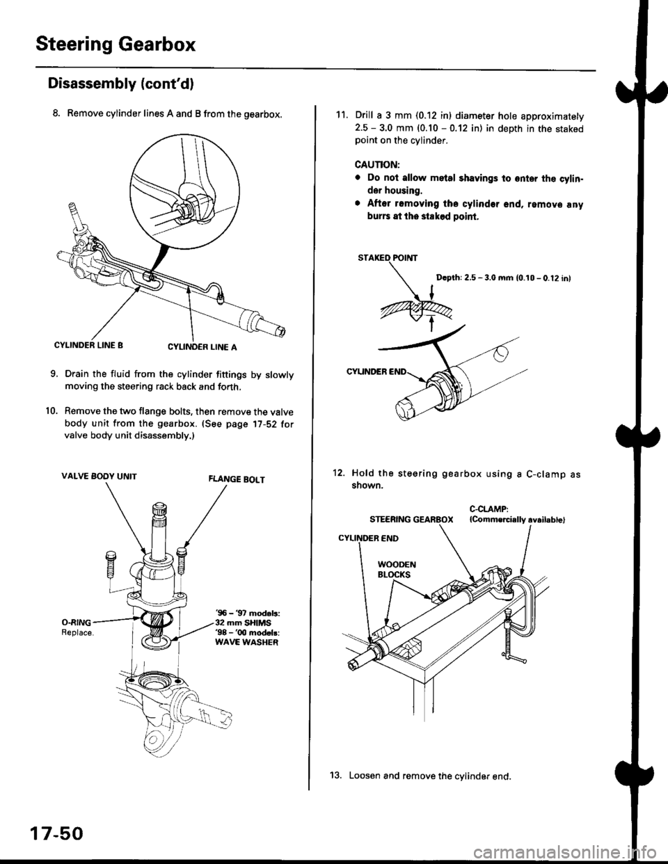 HONDA CIVIC 1998 6.G Manual Online Steering Gearbox
Disassembly (contd)
8. Remove cylinder lines A and B from the gearbox.
CYLINDER LINE gCYLINOCR LINE A
Drain the fluid from the cylinder fittings by slowly
moving the steering rack ba HONDA CIVIC 1998 6.G Manual Online Steering Gearbox
Disassembly (contd)
8. Remove cylinder lines A and B from the gearbox.
CYLINDER LINE gCYLINOCR LINE A
Drain the fluid from the cylinder fittings by slowly
moving the steering rack ba