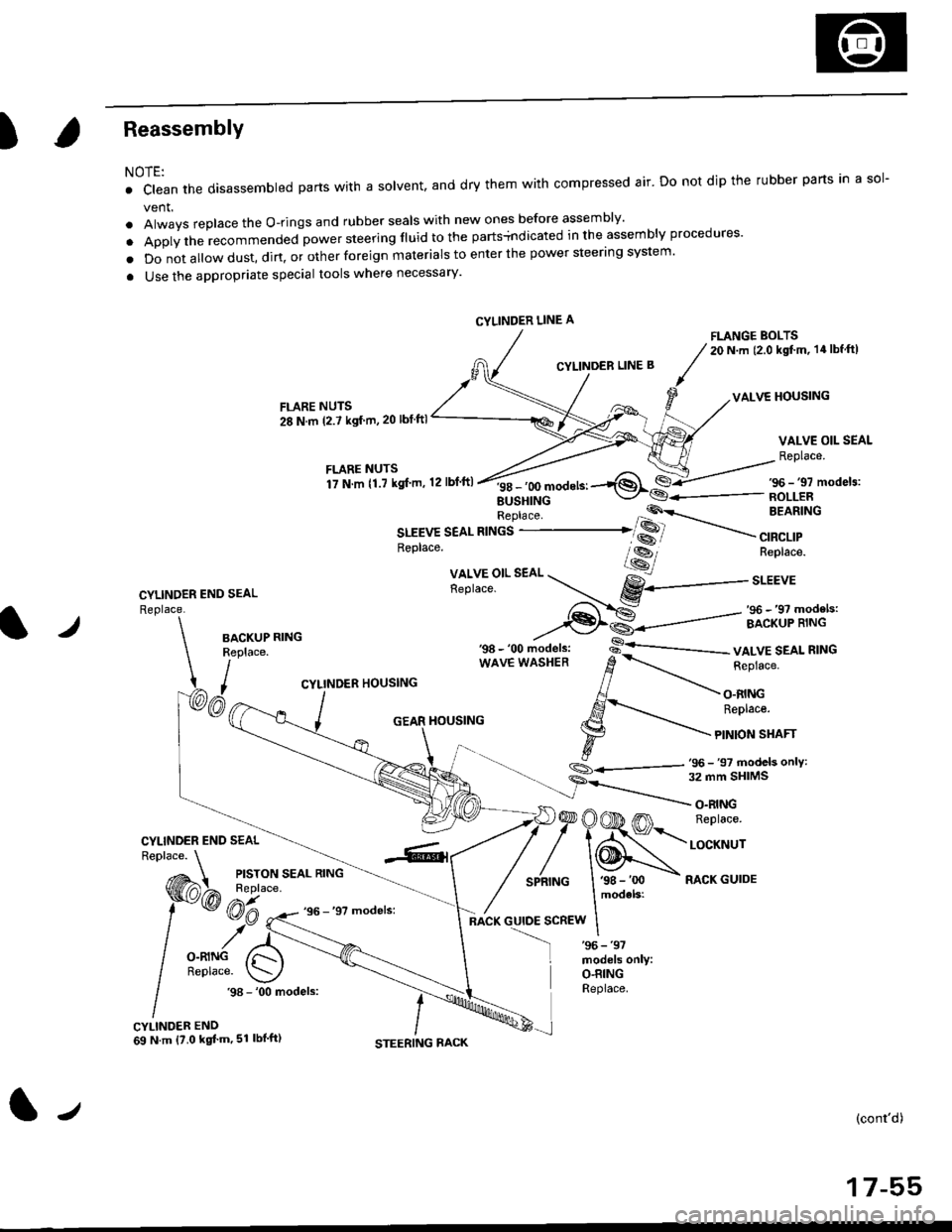 HONDA CIVIC 1997 6.G Workshop Manual )Reassembly
NOTE:
. clean the disassembled parts wrth a solvent, and dry them with compressed air. Do not dip the rubber parts in a sol-
vent.
. Always replace the O-rings and rubber seals with new on