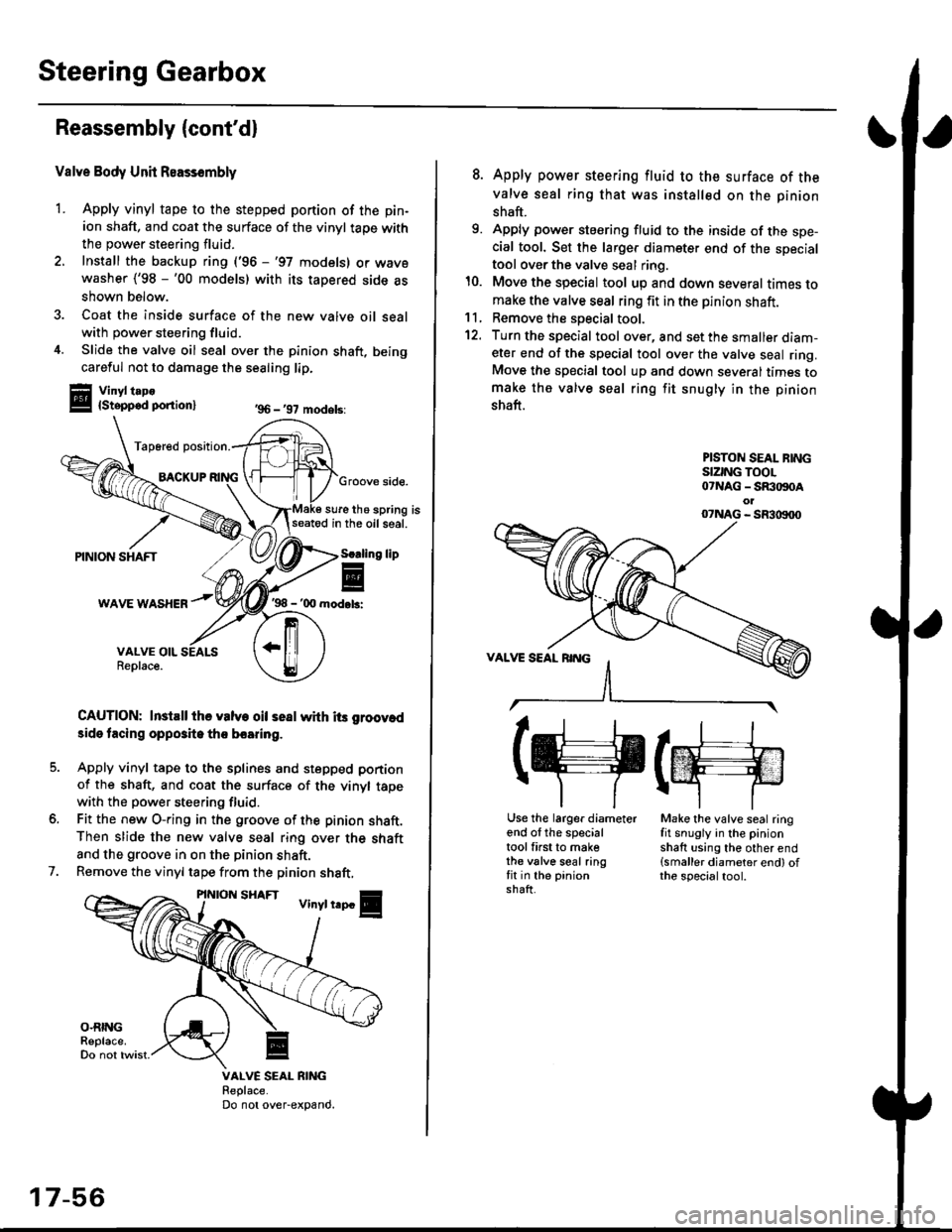 HONDA CIVIC 1998 6.G Owners Guide Steering Gearbox
Reassembly (contd)
Valve Body Unit Reassembly
1. Apply vinyl tape to the stepped portion of the pin-
ion shaft, and coat the surface of the vinyl taoe with
the power steering fluid.

