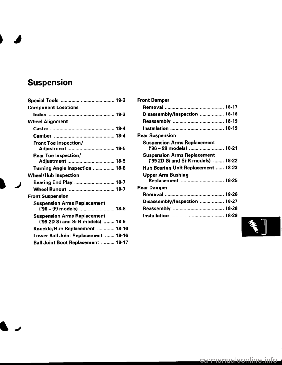 HONDA CIVIC 1996 6.G Workshop Manual )
Suspension
Special Tools ............. 18-2
Component Locations
lndex ,,.............. ...... f8-3
Wheel Alignment
Caster .............. ....... 18-4
Camber .................. l8-4
Front Toe Inspect