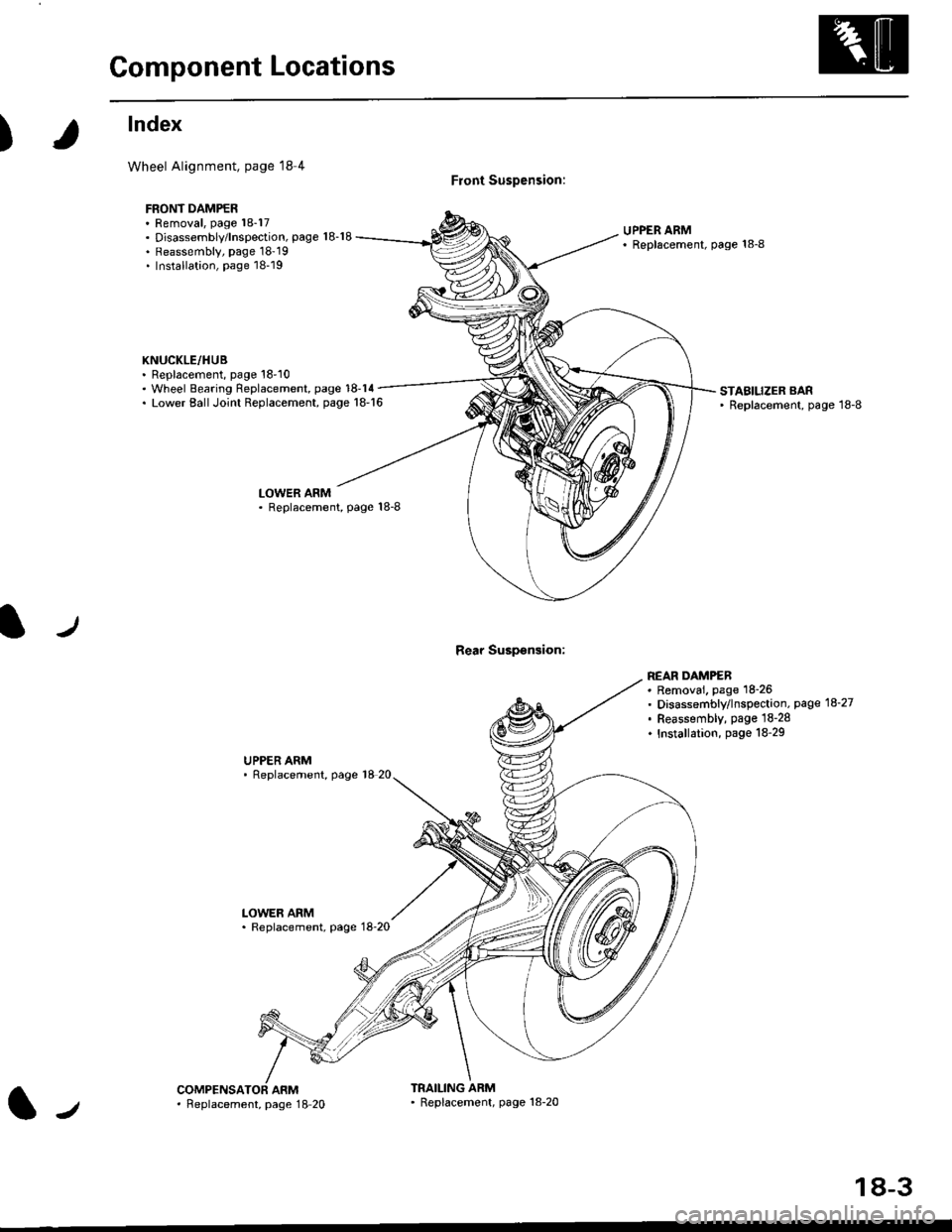 HONDA CIVIC 1999 6.G Workshop Manual Component Locations
)
lndex
Wheel Alignment, page l8 4
FBONT DAMPER. Removal, page 18-17. Disassembly/lnspection, page 18-18. Reassembly, page 1819. Installation, page 18-19
KNUCKLE/HUB. Replacement, HONDA CIVIC 1999 6.G Workshop Manual Component Locations
)
lndex
Wheel Alignment, page l8 4
FBONT DAMPER. Removal, page 18-17. Disassembly/lnspection, page 18-18. Reassembly, page 1819. Installation, page 18-19
KNUCKLE/HUB. Replacement,