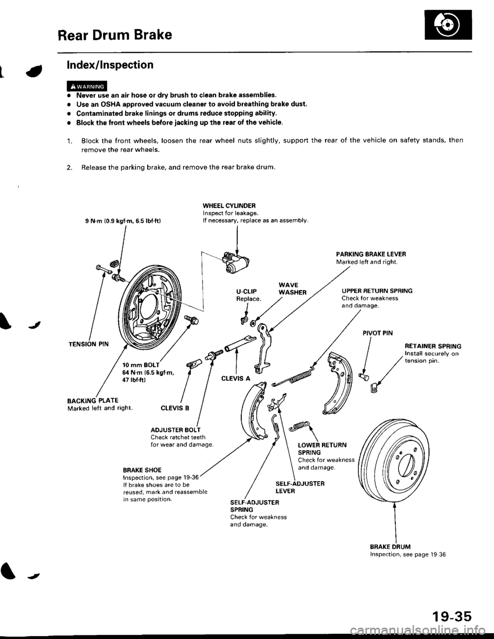 HONDA CIVIC 1996 6.G Owners Guide Rear Drum Brake
Index/lnspection
1.
a
a
Never use an air hose or dly brush to clean brake assemblies,
Use an OSHA approved vacuum cleanar to avoid breathing brake dust,
Contaminated brake linings or 