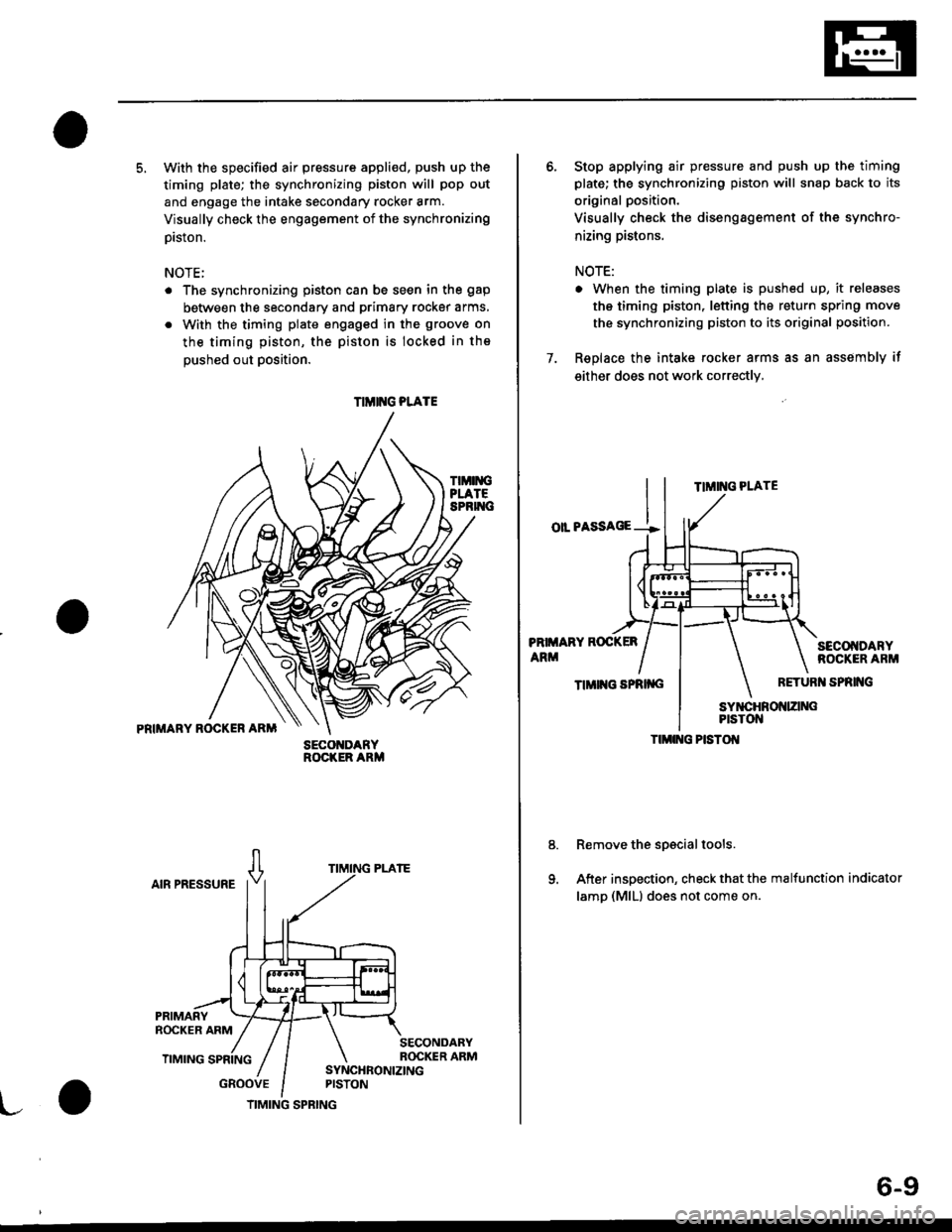 HONDA CIVIC 1996 6.G Workshop Manual 5. With the specified air pressure appli€d, push up the
timing plate; the synchronizing piston will pop out
and engage the intake secondary rocker arm.
Visually check the engagement of the synchroni