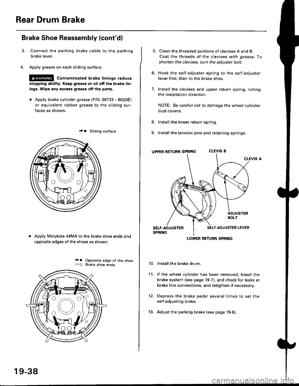 HONDA CIVIC 1996 6.G Service Manual Rear Drum Brake
Brake Shoe Reassembly {contdl
Connect the parking brake cable to the parking
brake lever.
Apply grease on each sliding surface.
!@ contaminated brake linings reduce
stopping ability. 