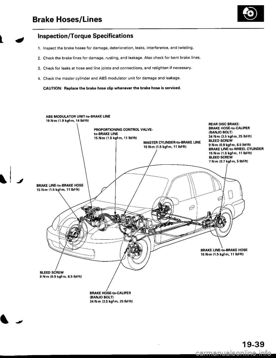 HONDA CIVIC 1998 6.G User Guide Brake Hoses/Lines
LJ
Inspection/Torque Specifications
t. Inspect the brake hoses for damage, deterioration, leaks, interference, and twisting.
2. Check the brake lines for damage, rusting. and leakage HONDA CIVIC 1998 6.G User Guide Brake Hoses/Lines
LJ
Inspection/Torque Specifications
t. Inspect the brake hoses for damage, deterioration, leaks, interference, and twisting.
2. Check the brake lines for damage, rusting. and leakage