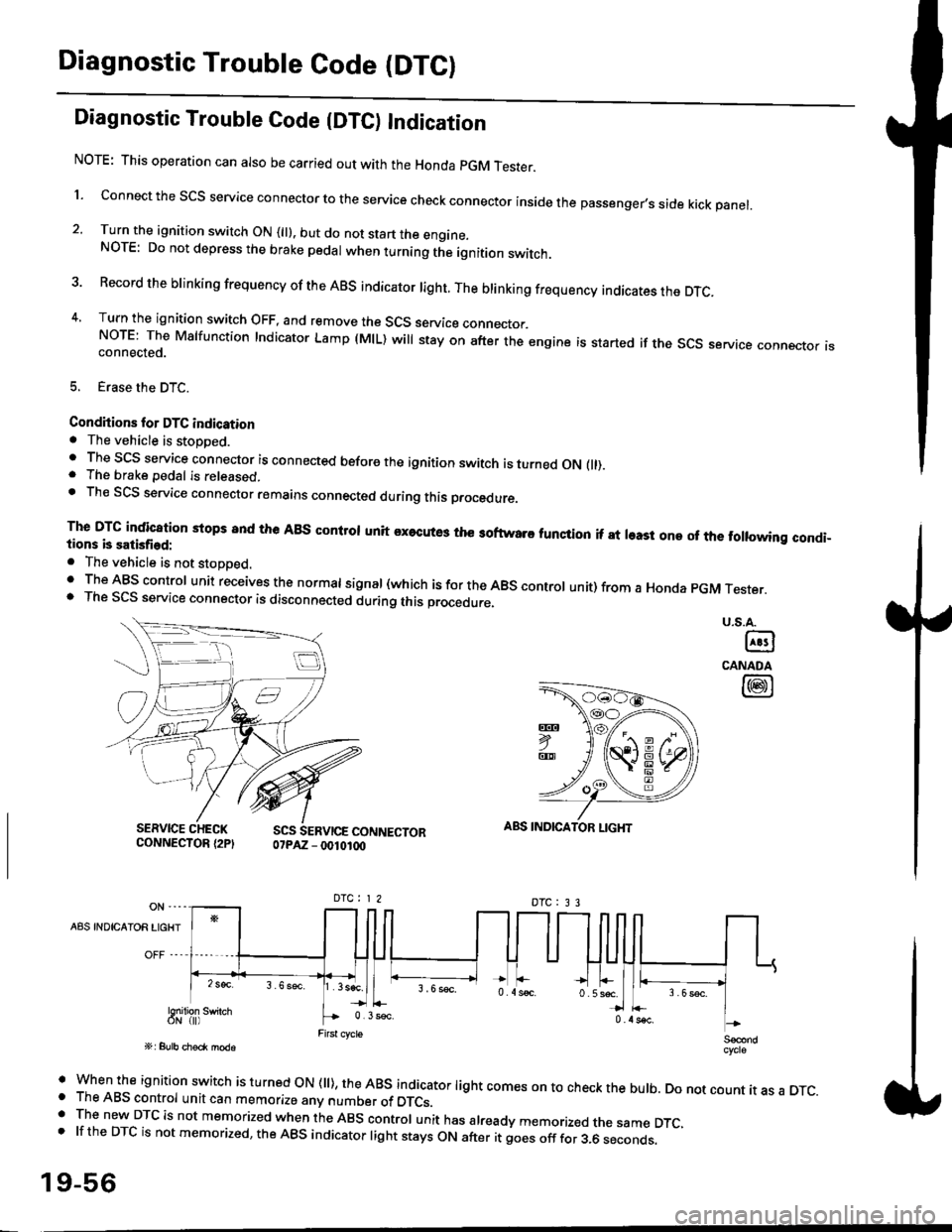 HONDA CIVIC 1996 6.G Workshop Manual Diagnostic Trouble Code (DTCI
Diagnostic Trouble Code {DTC) Indication
NOTE: This operation can also be carried out with the Honda pGM Tesrer.
l connect the scs service connector to the service check 