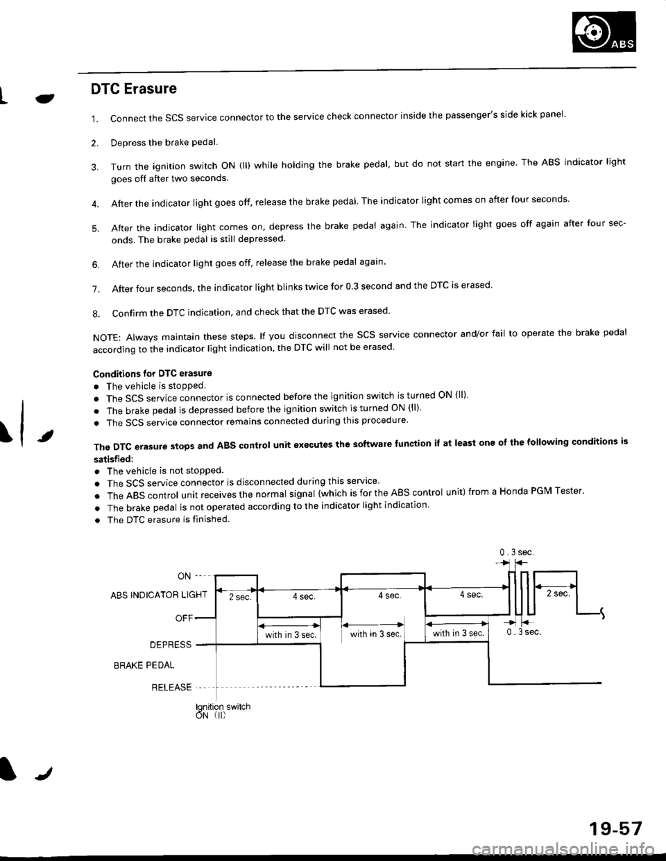 HONDA CIVIC 1996 6.G Owners Guide LJDTG Erasure
1.
2.
Connect the SCS service connector to the service check connector inside the passengers side kick panel.
Depress the brake pedal.
Turn the ignition switch oN (ll) while holding the