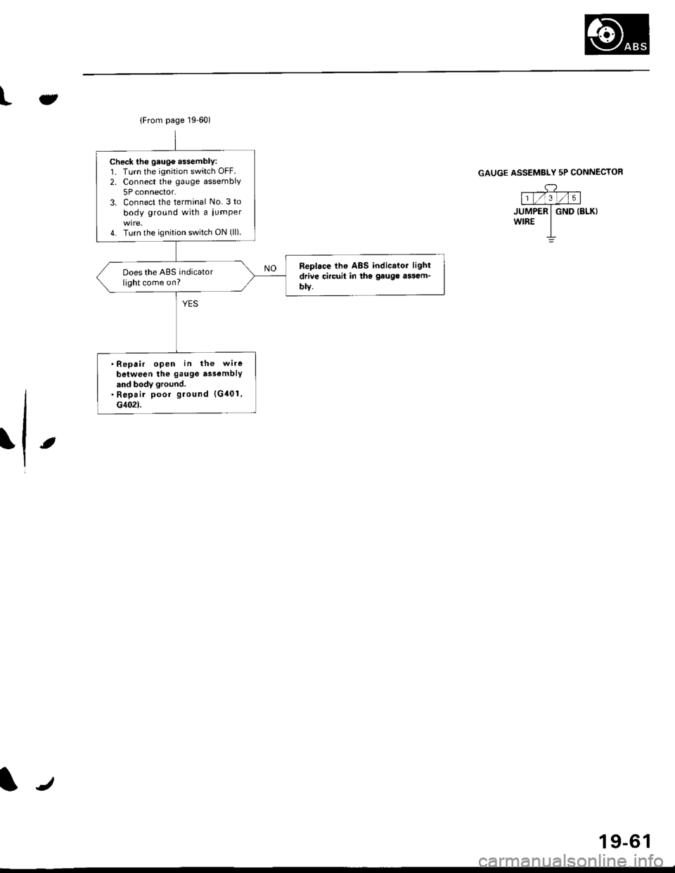 HONDA CIVIC 1998 6.G Workshop Manual {From page 19.60)
Check the geuge a$embly:1. Turn the ignition switch OFF.
2. Connect the gauge assembly
5P connector.3. Connect the terminal No. 3 to
body ground with a iumper
4. Turn the ignition sw HONDA CIVIC 1998 6.G Workshop Manual {From page 19.60)
Check the geuge a$embly:1. Turn the ignition switch OFF.
2. Connect the gauge assembly
5P connector.3. Connect the terminal No. 3 to
body ground with a iumper
4. Turn the ignition sw