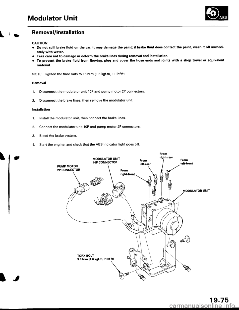 HONDA CIVIC 1996 6.G Owners Guide \il
Modulator Unit
RemovaUlnstallation
CAUTION:
. Do not spill brake tluid on the car; it may damage the paint; it brako lluid does contact the paint, wash it off immedi-
ately with wator.
a Take care