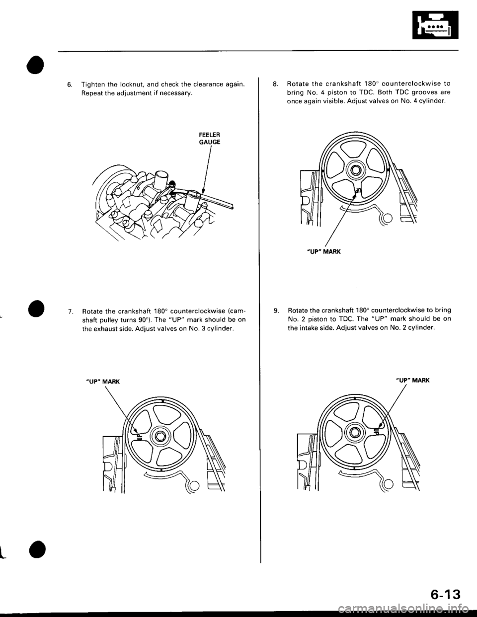 HONDA CIVIC 1996 6.G Workshop Manual 6. Tighten the locknut, and check the clearance again.
Repeat the adjustment if necessary.
GAUGE
7.Rotate the crankshaft 180 counterclockwise (cam-
shaft oullev turns 901. The "UP" mark should be on