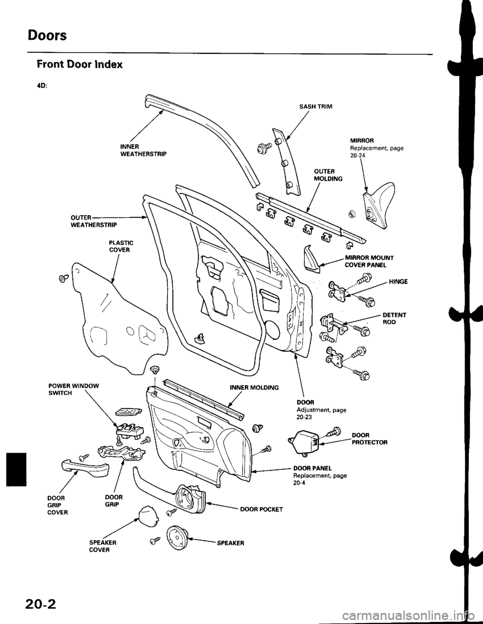 HONDA CIVIC 1999 6.G Workshop Manual Doors
Front Door lndex
,ID:
WEATHERSTRIP
POWER WINDOWswtTcH
ffitr6-
fud-@a,
Ef
Adjustment, page20-23
DOORPROTECTOR
OOOR POCKET
r^r f iI I ) t\ \-!
20-2
J$--"**^ HONDA CIVIC 1999 6.G Workshop Manual Doors
Front Door lndex
,ID:
WEATHERSTRIP
POWER WINDOWswtTcH
ffitr6-
fud-@a,
Ef
Adjustment, page20-23
DOORPROTECTOR
OOOR POCKET
r^r f iI I ) t\ \-!
20-2
J$--"**^