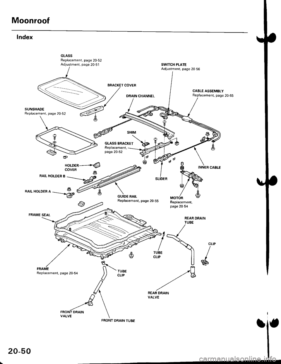 HONDA CIVIC 1996 6.G Workshop Manual Moonroof
SWITCH PLATEAdjustment, page 20 56
REAR DRAINTUBE
Y<
/  ?�u8E ll /LfP ll I
U6
./w
FRONT ORAIN TUBE
CABLE ASSEMBLYReplacement, page 2O-55
Index
SUNSHADEReplacement, page 20-52
RAIL HOLDER B