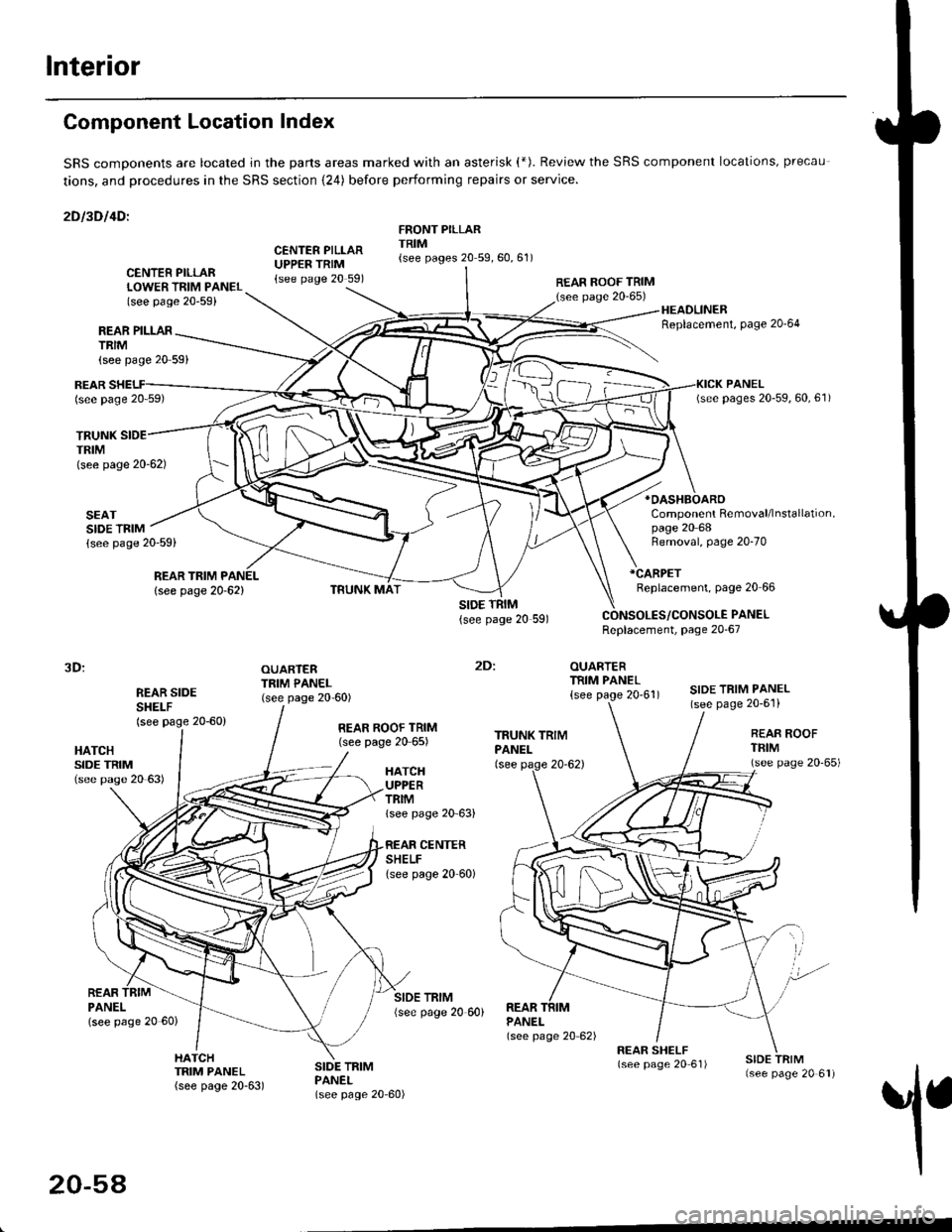 HONDA CIVIC 1997 6.G Repair Manual Interior
Component Location Index
SRS comDonents are located jn the parts areas marked with an asterisk (*). Review the SRS component locations, precau
tions, and procedures in the SRS section {24) be