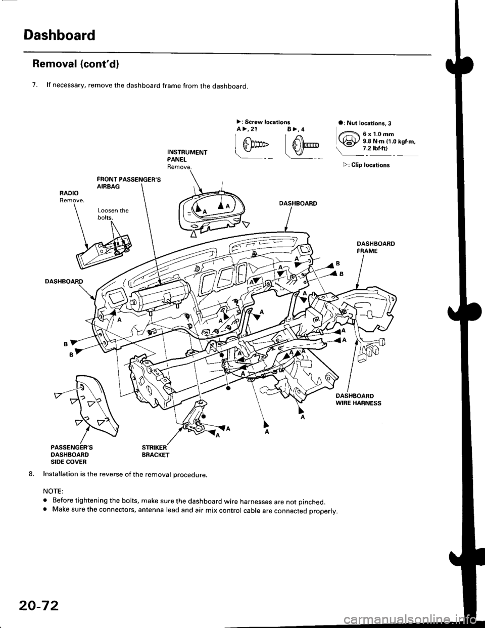 HONDA CIVIC 1996 6.G Workshop Manual Dashboard
Removal (contd)
7. lf necessary, remove the dashboard frame from the dashboard.
>: Screw localionsa>,21 B>,4a: Nut locations, 3
>: Clip locations
l^1./\
I Shl: OlbtvY/l\-]1
ra 6 x 1.0 m