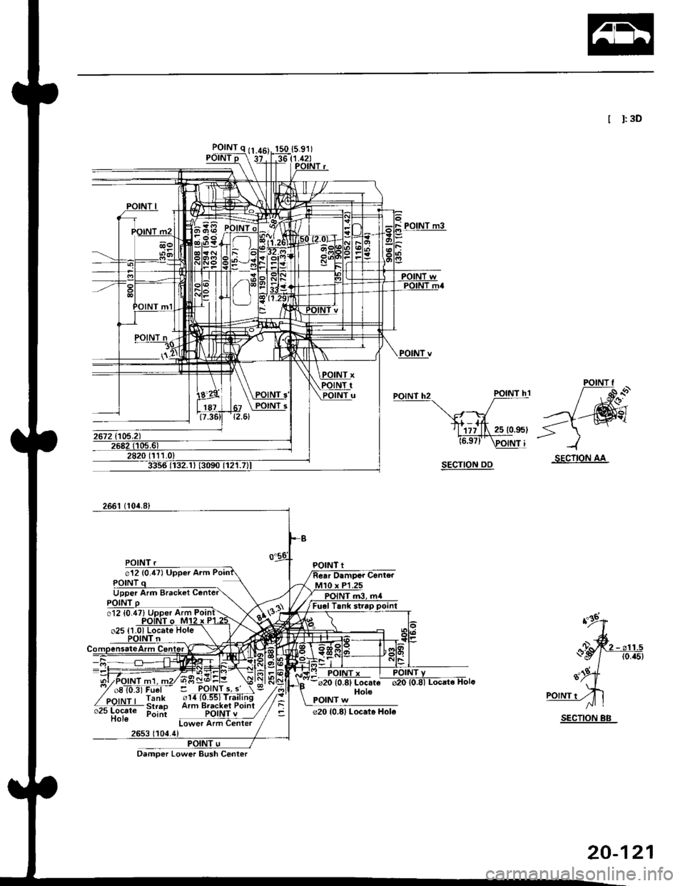 HONDA CIVIC 1999 6.G Workshop Manual I t:3D
SECTION AA
012 {0.47) Upper Arm
@20 {0.8) Locat. Hole
Lower Arm Center
Damoer Lower Bush Center
20-121 