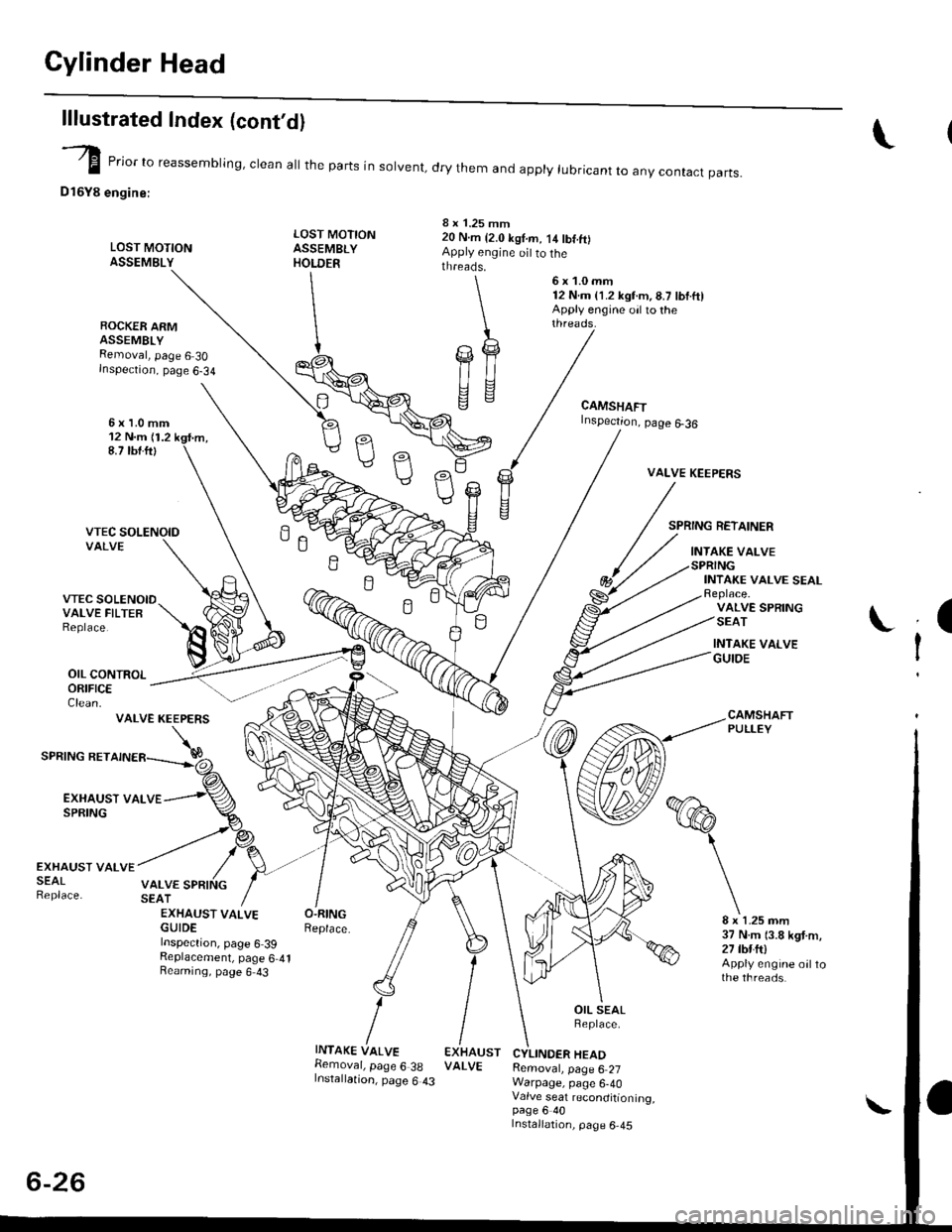 HONDA CIVIC 2000 6.G Owners Manual Cylinder Head
lllustrated Index (contdl
VALVE KEEPERS
SPRING RETAINER
INTAKE VALVE
VTEC SOLENOIDVALVE FILTEBReplace.
OIL CONTROLORIFICEClean.
INTAKE VALVE SEALReplace.VALVE SPRINGSEAT
INTAKE VAI.VEGU