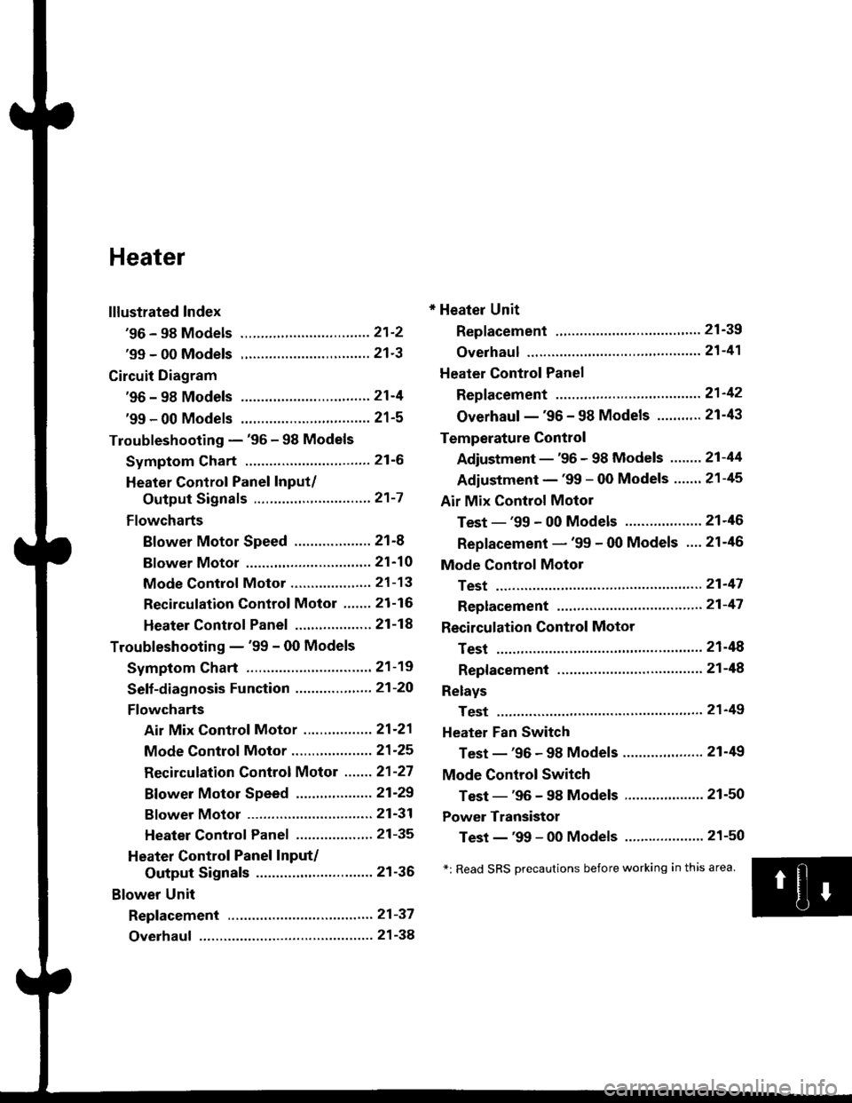 HONDA CIVIC 1996 6.G Workshop Manual Heater
lllustrated Index
96 - 98 Models ................................ 212
99 - 00 Models ................................ 213
Circuit Diagram
96 - 98 Models .....21-4
99 - 00 Models .........