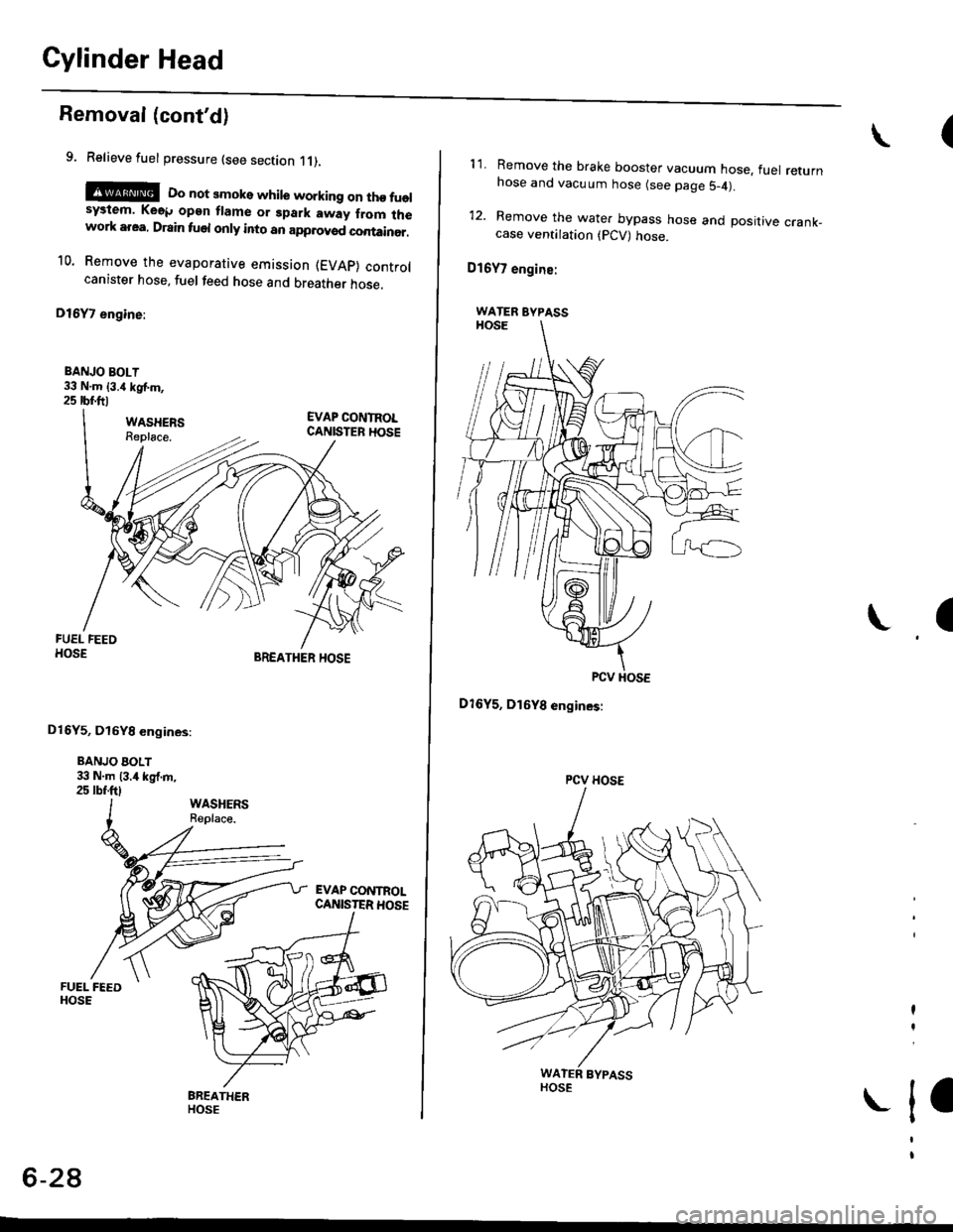 HONDA CIVIC 1996 6.G Owners Manual Cylinder Head
Removal (contd)
9. Relieve fuel pressure (see section 11),
E@E Do not smoke while working on tho fuelsystem. Ke6p opgn flame or gpark away from lhework area, Drain fuel only into an app