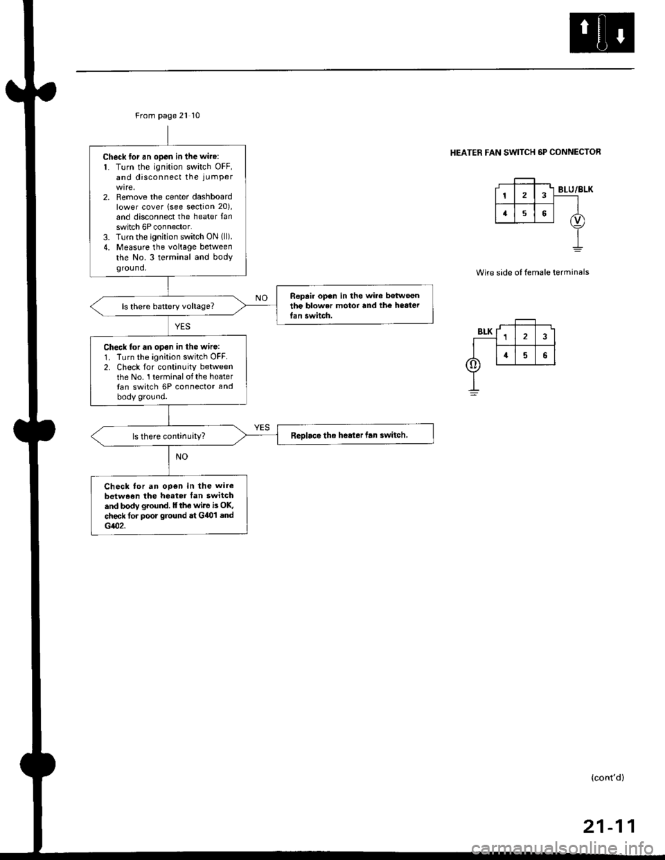 HONDA CIVIC 1998 6.G Owners Manual From page 2l 10
Check for an open in the wire:
1. Turn the ignition switch OFF,and disconnect the iLrmPer
2. Remove the center dashboardlower cover (see section 20),
and disconnect the heater fanswitc HONDA CIVIC 1998 6.G Owners Manual From page 2l 10
Check for an open in the wire:
1. Turn the ignition switch OFF,and disconnect the iLrmPer
2. Remove the center dashboardlower cover (see section 20),
and disconnect the heater fanswitc
