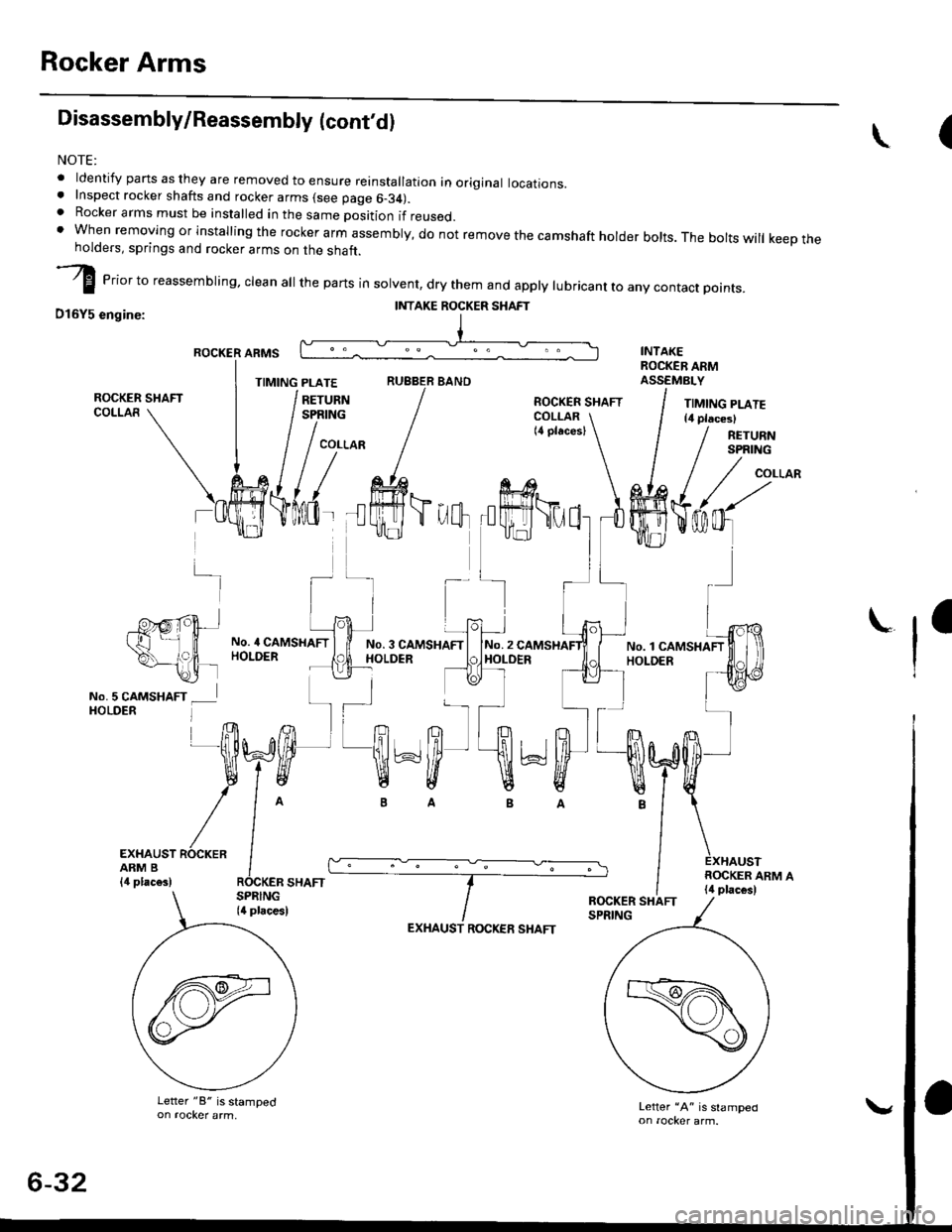 HONDA CIVIC 1999 6.G Manual Online Rocker Arms
Disassembly/Reassembly (contdl
NOTE:
. ldentify pans as they are removed to ensure reinstallation in original locations.. Inspect rocker shafts and rocker arms (see page 6-34).. Rocker ar HONDA CIVIC 1999 6.G Manual Online Rocker Arms
Disassembly/Reassembly (contdl
NOTE:
. ldentify pans as they are removed to ensure reinstallation in original locations.. Inspect rocker shafts and rocker arms (see page 6-34).. Rocker ar