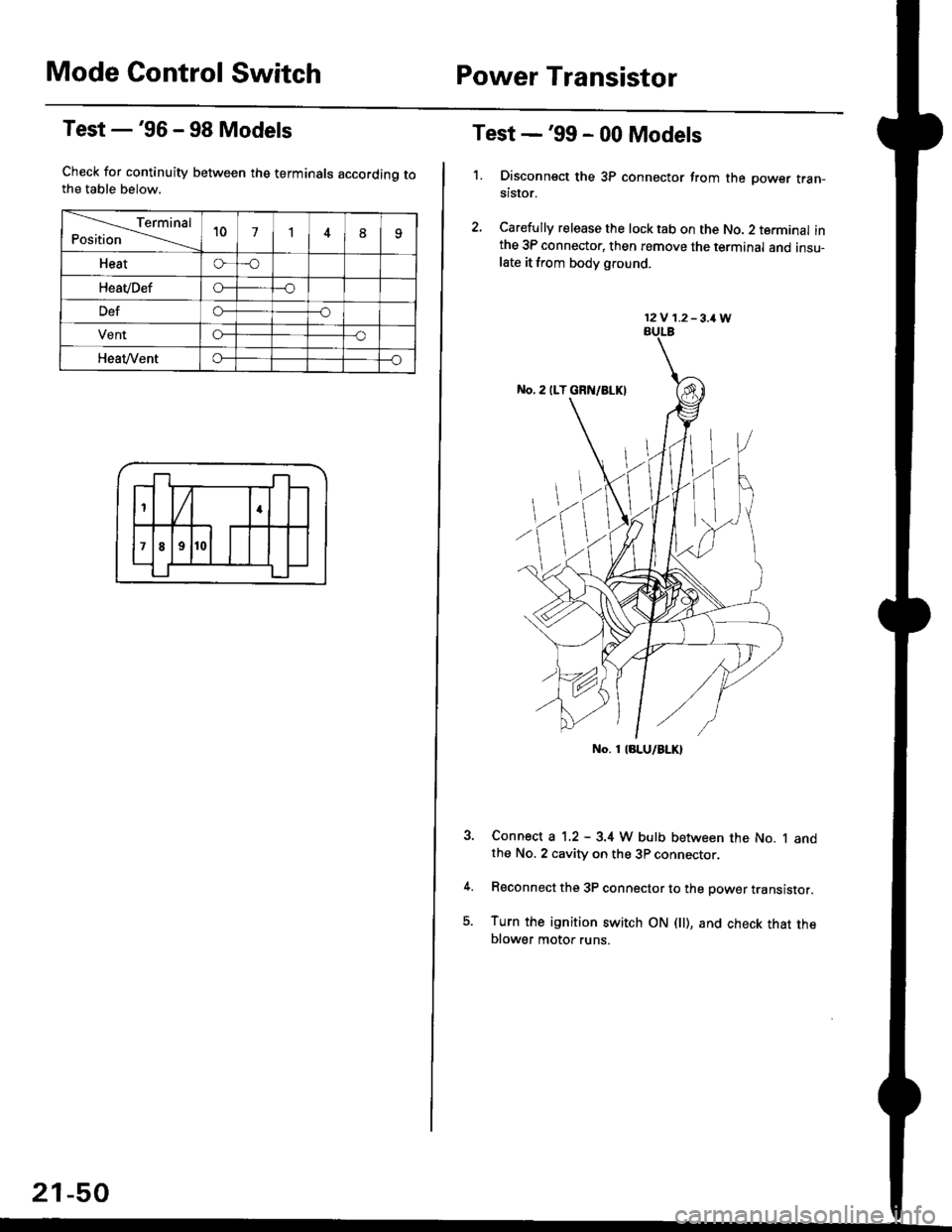 HONDA CIVIC 2000 6.G Workshop Manual Mode Control SwitchPower Transistor
Test -96 - 98 Models
Check for continuity between the terminals accordinq tothe table below.
Terminal
Positiont071
Heato-o
HeaVDefo---o
Defo--o
VentG-o
HeaVVento- HONDA CIVIC 2000 6.G Workshop Manual Mode Control SwitchPower Transistor
Test -96 - 98 Models
Check for continuity between the terminals accordinq tothe table below.
Terminal
Positiont071
Heato-o
HeaVDefo---o
Defo--o
VentG-o
HeaVVento-
