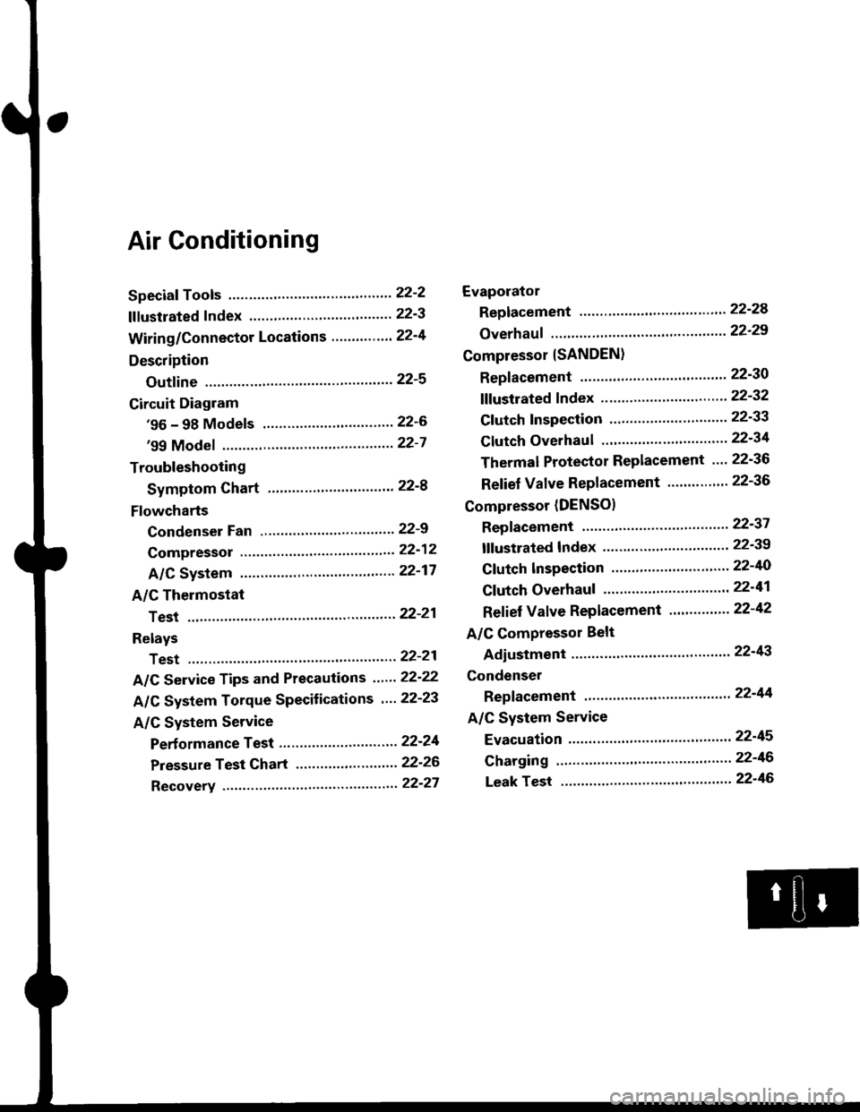 HONDA CIVIC 1996 6.G Workshop Manual Air Conditioning
Speciaf Tools ........... 22-2
f f f ustrated f ndex ......................... "....... 22-3
Wiring/Connector Locations............. 224
Description
Outfine ............ .......