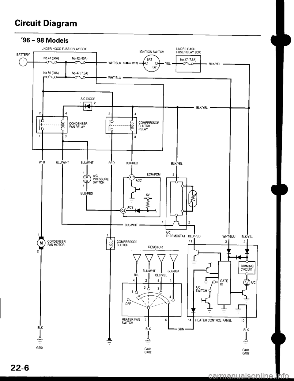 HONDA CIVIC 2000 6.G Repair Manual Circuit Diagram
UNDER DASHFUSE/RELAY 8OX
N0.17 (7.54)
96 - 98 Models
UNDER.HOOD FUSEi BELAY BOX
WHT/SLU BLKYEL
BLK
+
G751
3
o 
I8LK
I
G40lG402
GNITON SWITCH
N0.41 (8rA) N0.42 (40A)
COMPBESSORCLUTCHB