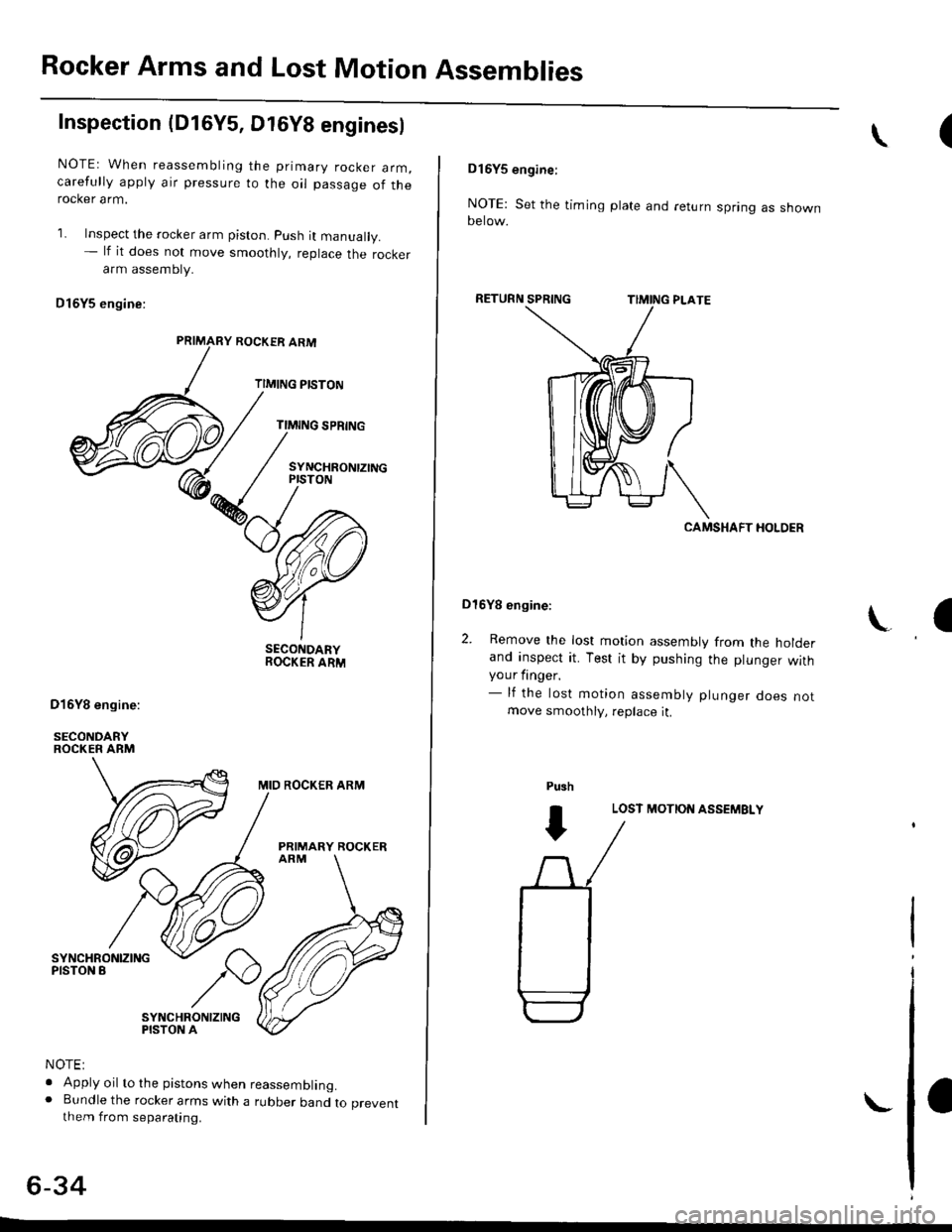 HONDA CIVIC 1996 6.G User Guide Rocker Arms and Lost Motion Assemblies
Inspection (D16Y5, Dt6Y8 enginesl
NOTEr When reassembling the primary rocker arm,carefully apply air pressure to the oil passage of therocker arm.
1. Inspect the