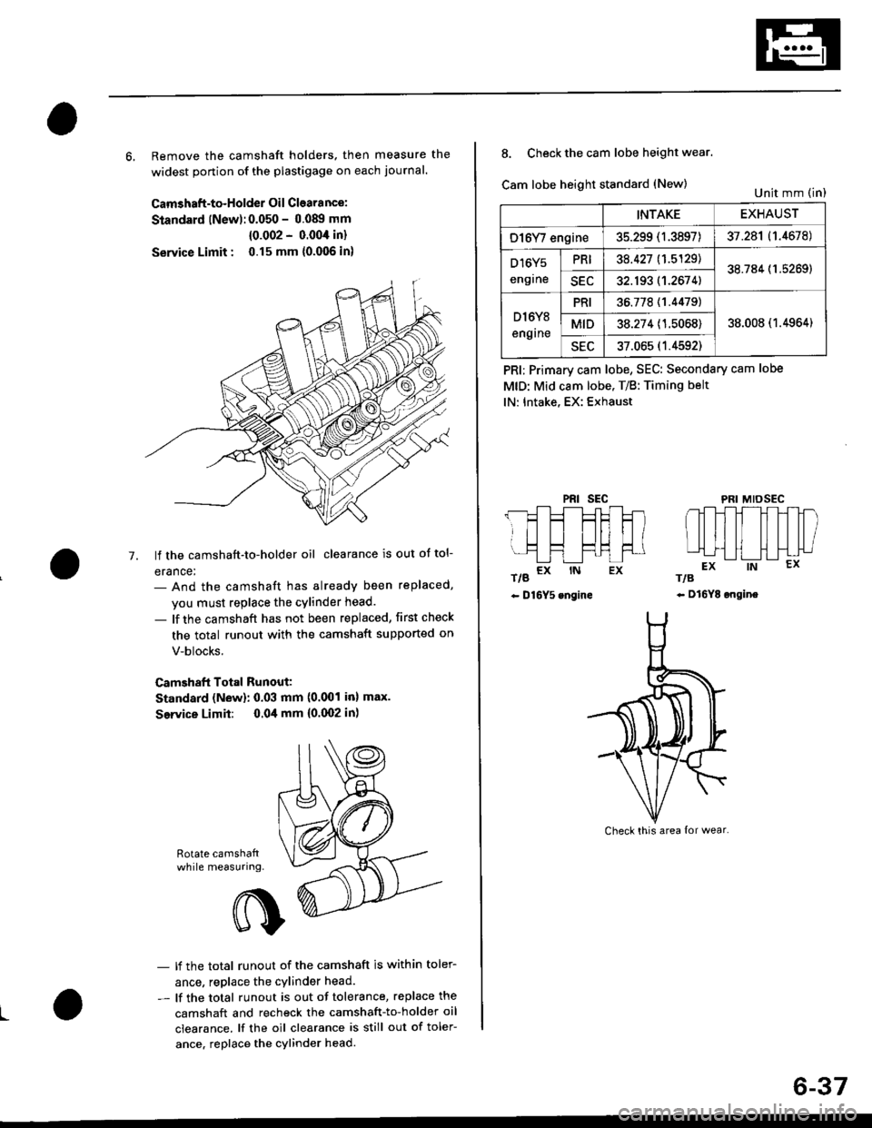 HONDA CIVIC 1996 6.G Workshop Manual 6, Remove the camshaft holders. then measure the
widest ponion of the plastigage on each journal.
Camshaft-to-Holder Oil Clearance:
Standard lNew):0.050 - 0.08!t mm
{0.002 - 0.004 in}
Service Limit : 