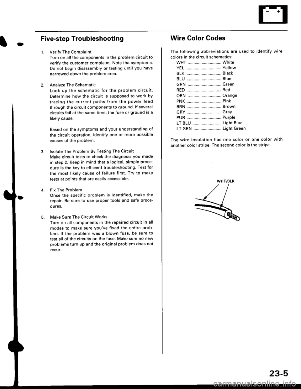 HONDA CIVIC 2000 6.G Workshop Manual t
Five-step Troubleshooting
2.
1.Verify The Complaint
Turn on all the components in the problem circuit to
verify the customer complaint. Note the symptoms.
Do not begin disassembly or testing until y