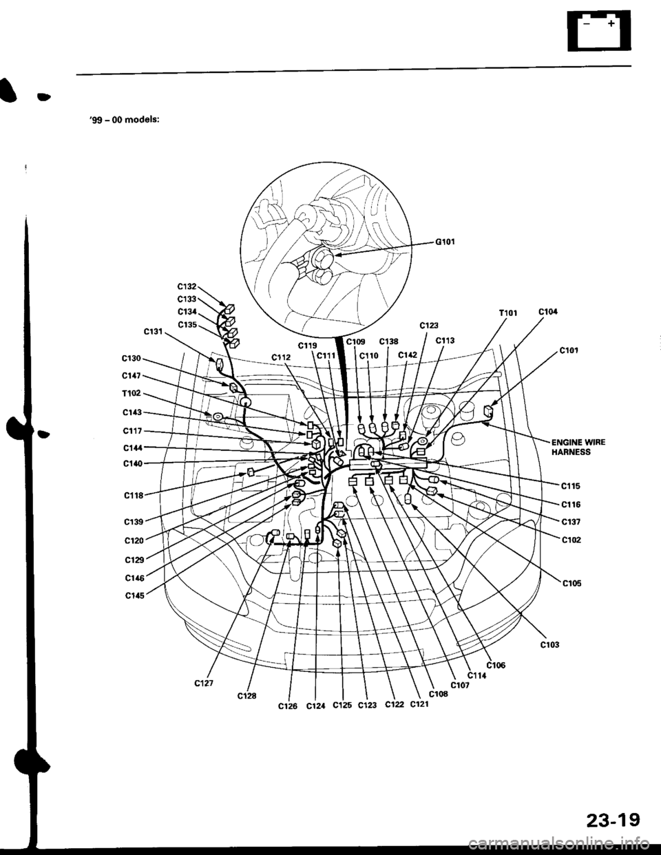 HONDA CIVIC 2000 6.G Workshop Manual D
99 - 00 models:
c132
c133
c134
c135c123
c138c113
c130
c117
T102
Cli(l
c117
c1+l
c1{{)
c112
c119cl�l1
WIREHARNESS
ct18
c139
c120
c129
Clir6
c1a5
ct15
cl16
c137
c102
c126 C121 c125 C123 c122 C121
23