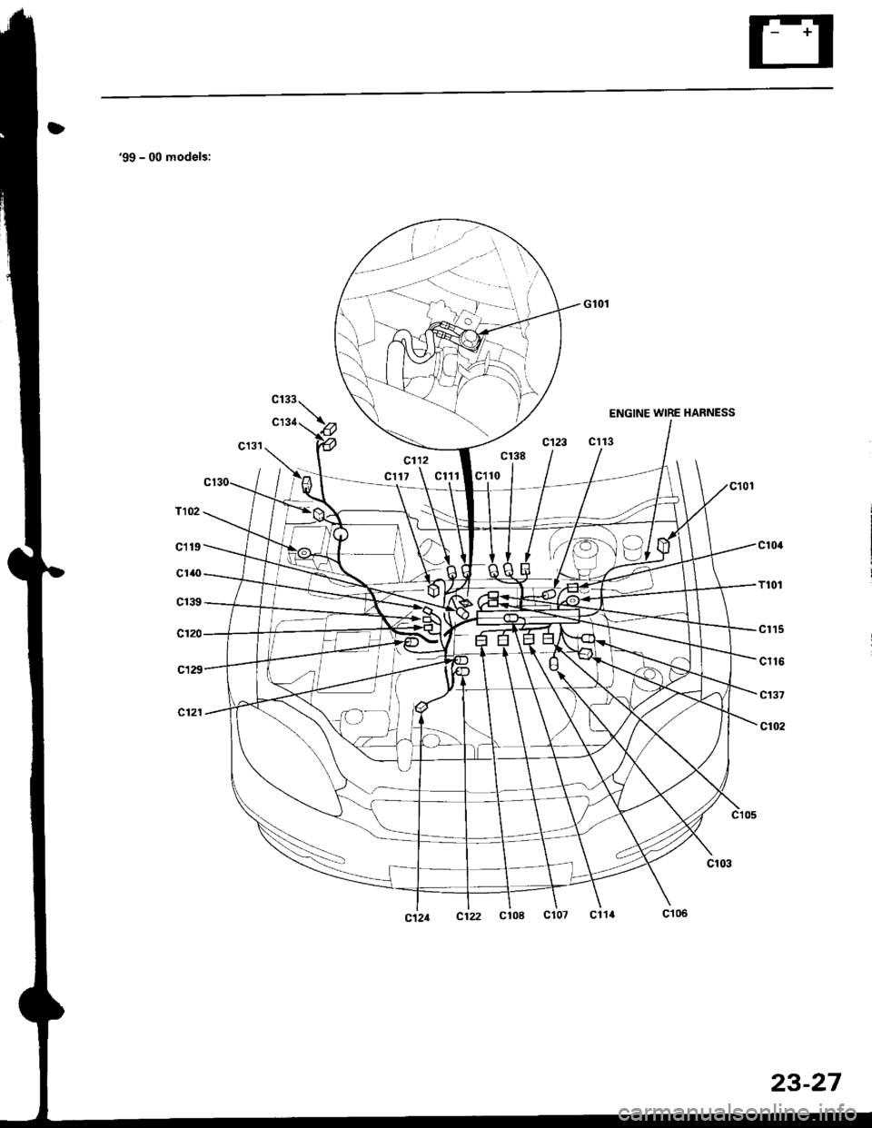 HONDA CIVIC 2000 6.G Workshop Manual 99 - 00 models:
c112
cl17
T102
c119
c140
c13t)
c104
T101
clt5
c116
c137
c102
23-27 