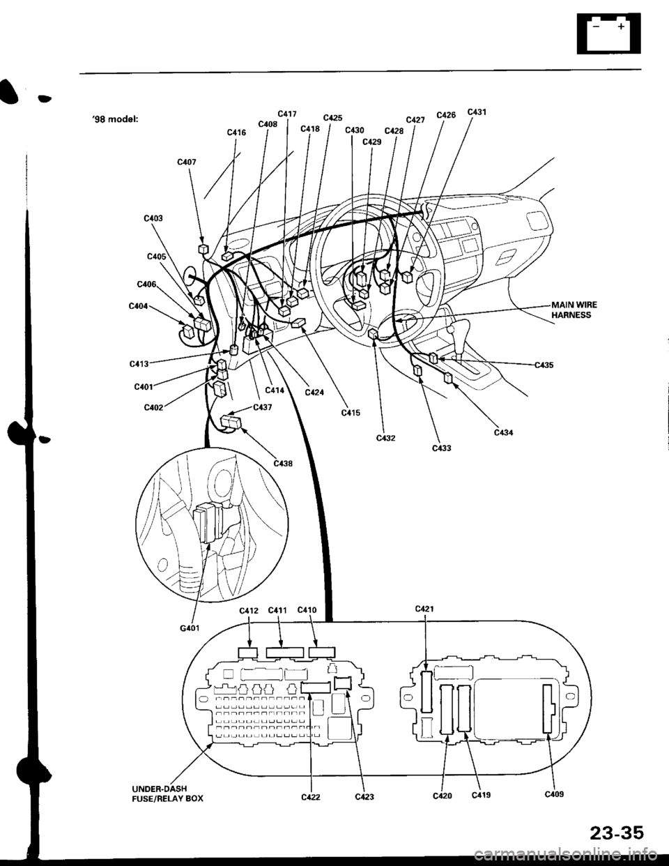 HONDA CIVIC 1998 6.G Workshop Manual tD
€8 model:"n, ctza j81
c121
cQac€0
I c129
WIREHARNESS
c,(},l
c112 c111 c110
UNDER-DASHFUSE/RELAY BOX
::::::::::: r ll:
23-35 