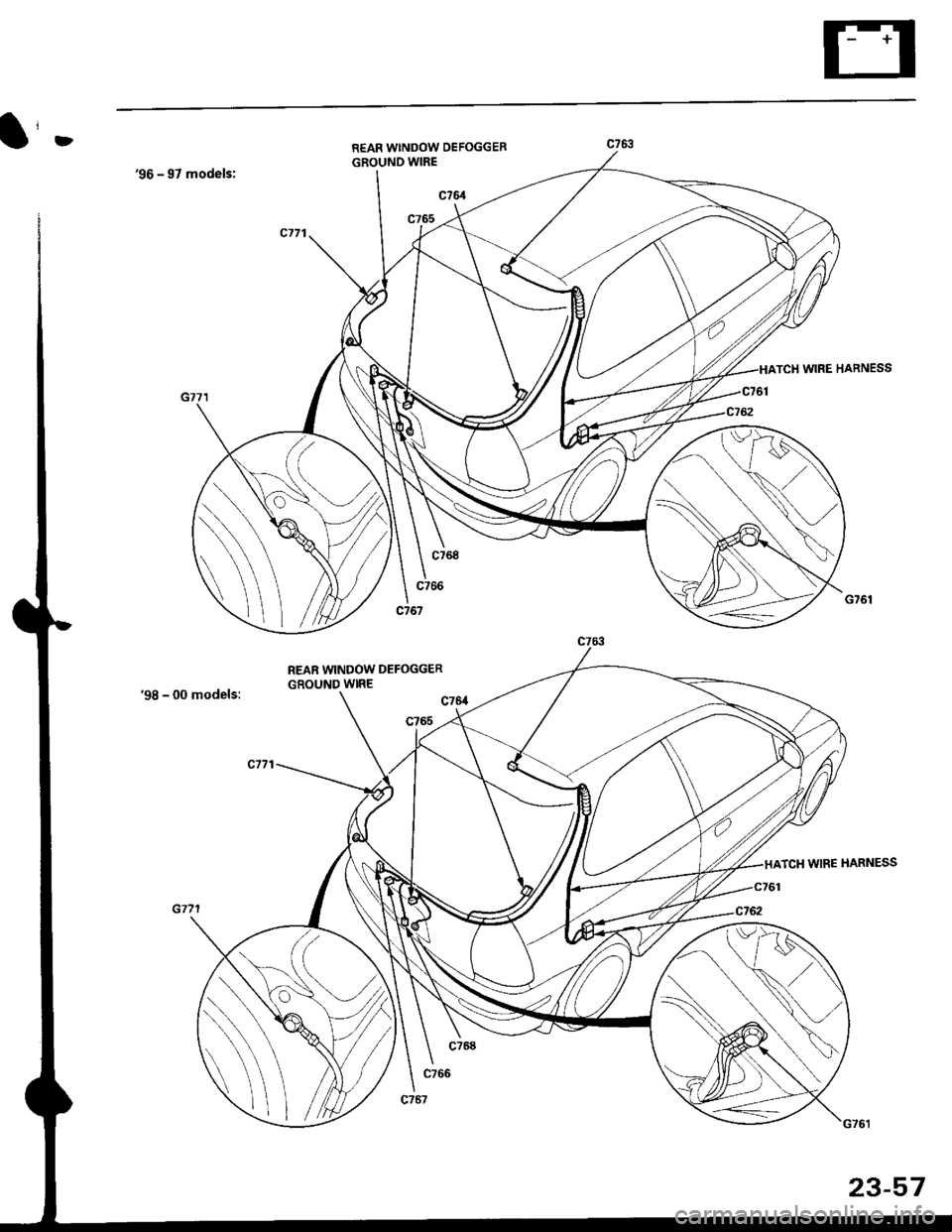 HONDA CIVIC 1998 6.G Workshop Manual l-REAR WINDOW DEFOGGERGROUND WIRE36 - 97 models:
98 - 00 models:
REAR WINDOW DEFOGGER
GROUND WIRE
TCH WIRE HARNESS
WIRE HARNESS
23-57 HONDA CIVIC 1998 6.G Workshop Manual l-REAR WINDOW DEFOGGERGROUND WIRE36 - 97 models:
98 - 00 models:
REAR WINDOW DEFOGGER
GROUND WIRE
TCH WIRE HARNESS
WIRE HARNESS
23-57