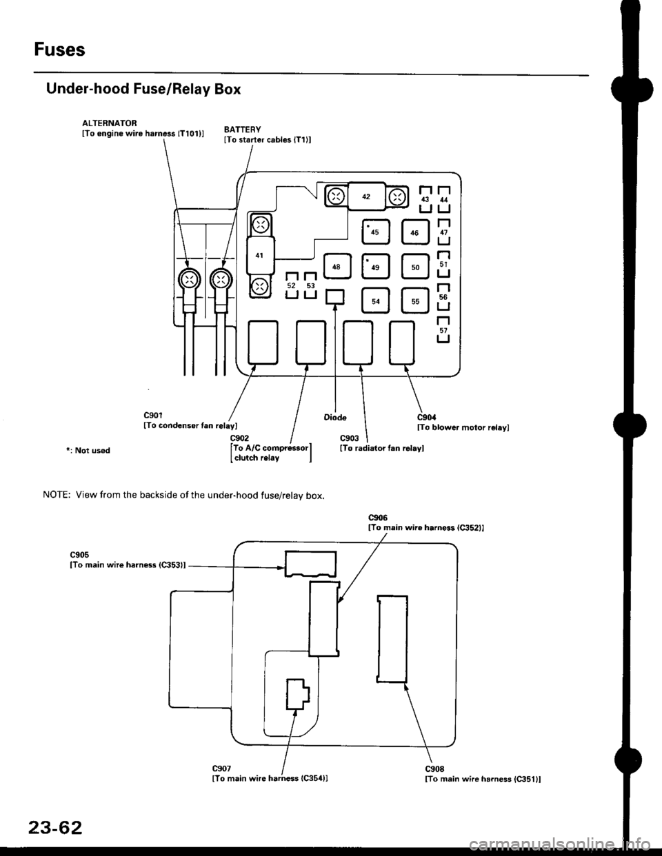 HONDA CIVIC 1998 6.G Workshop Manual Fuses
Under-hood Fuse/Relay Box
cgo1lTo condensor fan relayl
Gr02lTo blower motor r€layl
c903*: Not usod
NOTE; View from the backside of the under-hood fuse/relav box.
[To radi.lor tan rolayl
cto5[T HONDA CIVIC 1998 6.G Workshop Manual Fuses
Under-hood Fuse/Relay Box
cgo1lTo condensor fan relayl
Gr02lTo blower motor r€layl
c903*: Not usod
NOTE; View from the backside of the under-hood fuse/relav box.
[To radi.lor tan rolayl
cto5[T