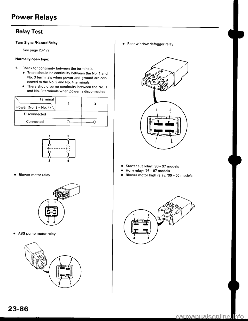 HONDA CIVIC 1998 6.G Workshop Manual Power Relays
Relay Test
Turn Signal/Hazard Relay:
See page 23-172
Normally-open type:
1. Check for continuity between the terminals.. There should be continujty between the No. 1 andNo.3 terminals whe