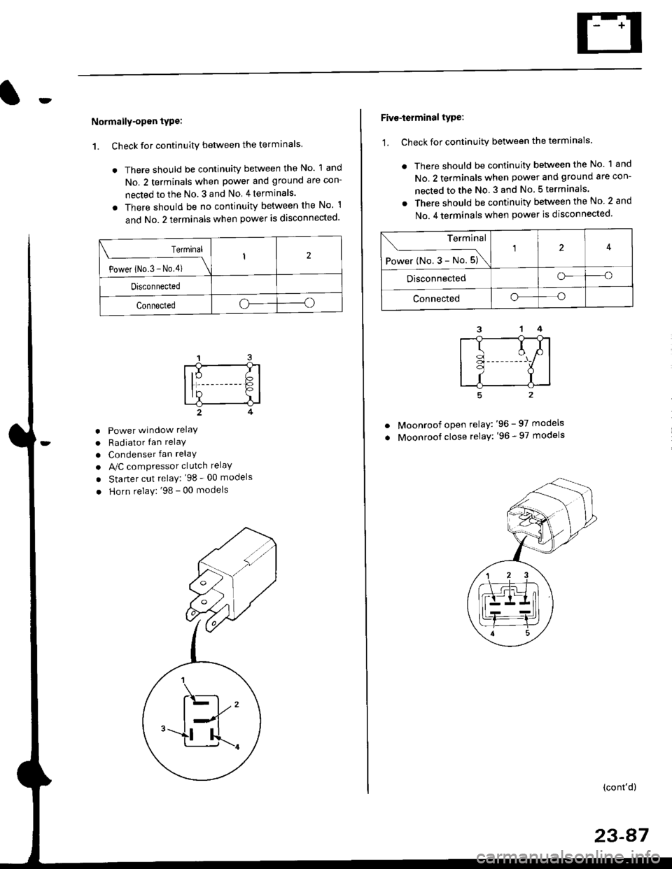 HONDA CIVIC 1996 6.G Owners Manual Normally-opsn tYPe:
1. Check for continuity between the terminals
. There should be continuity between the No. 1 and
No. 2 terminals when power and ground are con-
nected to the No. 3 and No 4terminal