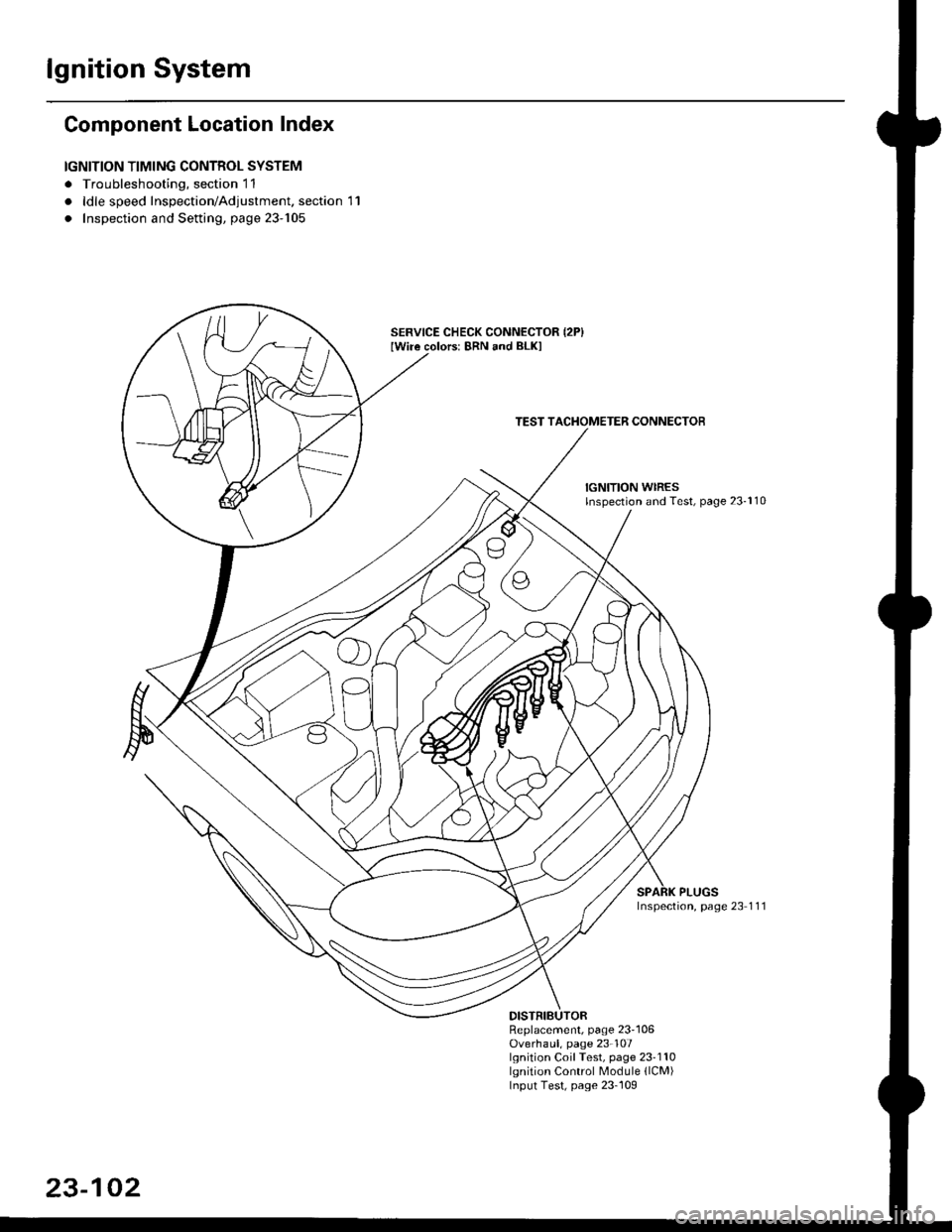 HONDA CIVIC 1999 6.G Workshop Manual lgnition System
Component Location Index
IGNITION TIMING CONTROL SYSTEM
. Troubleshooting, section 11
. ldle speed Inspection/Adjustment. section 11
. Inspection and Setting, page 23-105
SERVICE CHECK HONDA CIVIC 1999 6.G Workshop Manual lgnition System
Component Location Index
IGNITION TIMING CONTROL SYSTEM
. Troubleshooting, section 11
. ldle speed Inspection/Adjustment. section 11
. Inspection and Setting, page 23-105
SERVICE CHECK