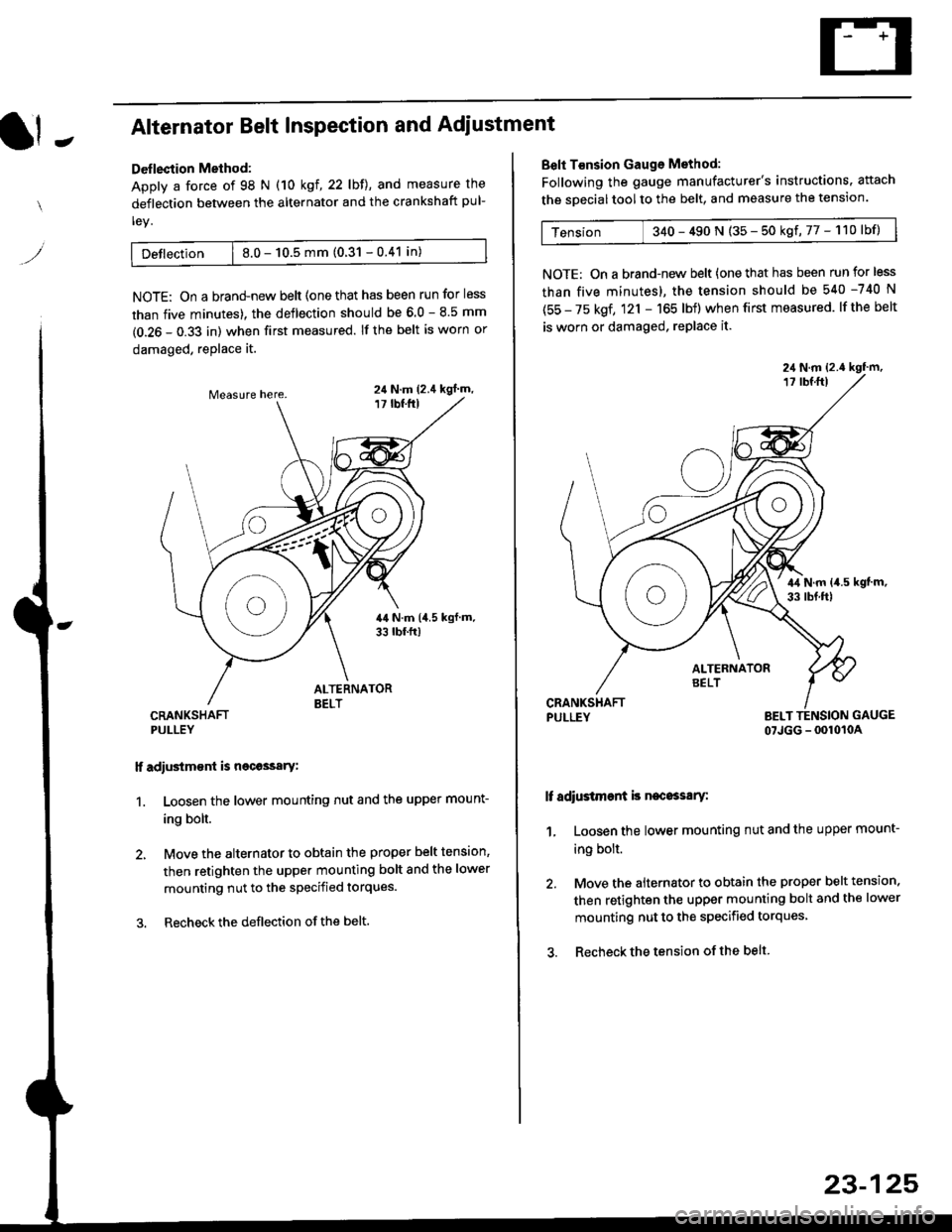 HONDA CIVIC 1997 6.G Owners Manual It -Alternator Belt Inspection and Adiustment
Deflection Method:
Apply a force of 98 N (10 kgl,22lbll, and measure the
deflection between the alternator and the crankshaft pul-
ley.
Detlection | 8.0 -