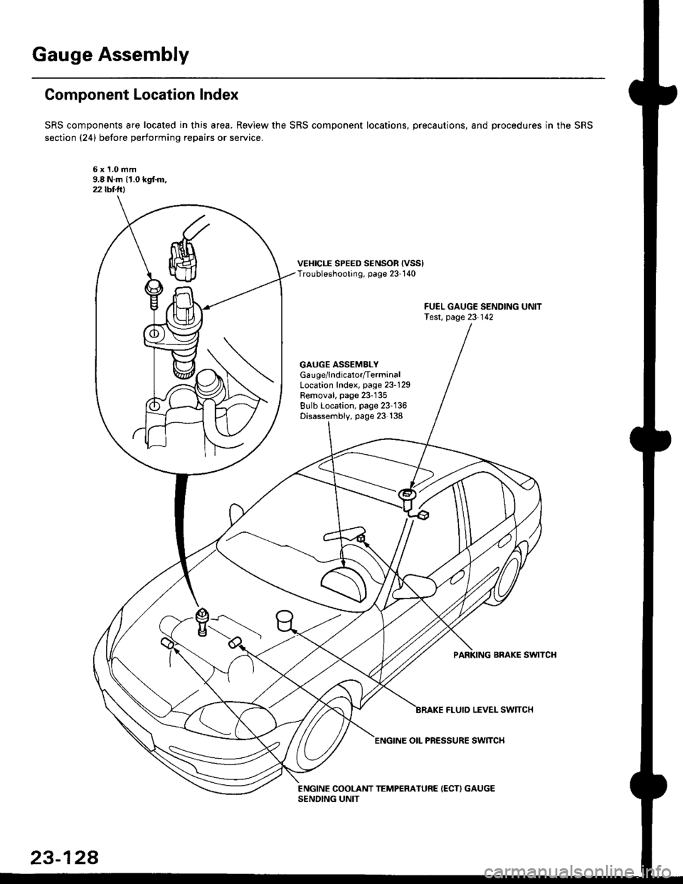 HONDA CIVIC 2000 6.G User Guide Gauge Assembly
Component Location Index
SRS components are located in this area. Review the SRS component locations, precautions, and procedures in the SRS
section (24) before performing repairs or se