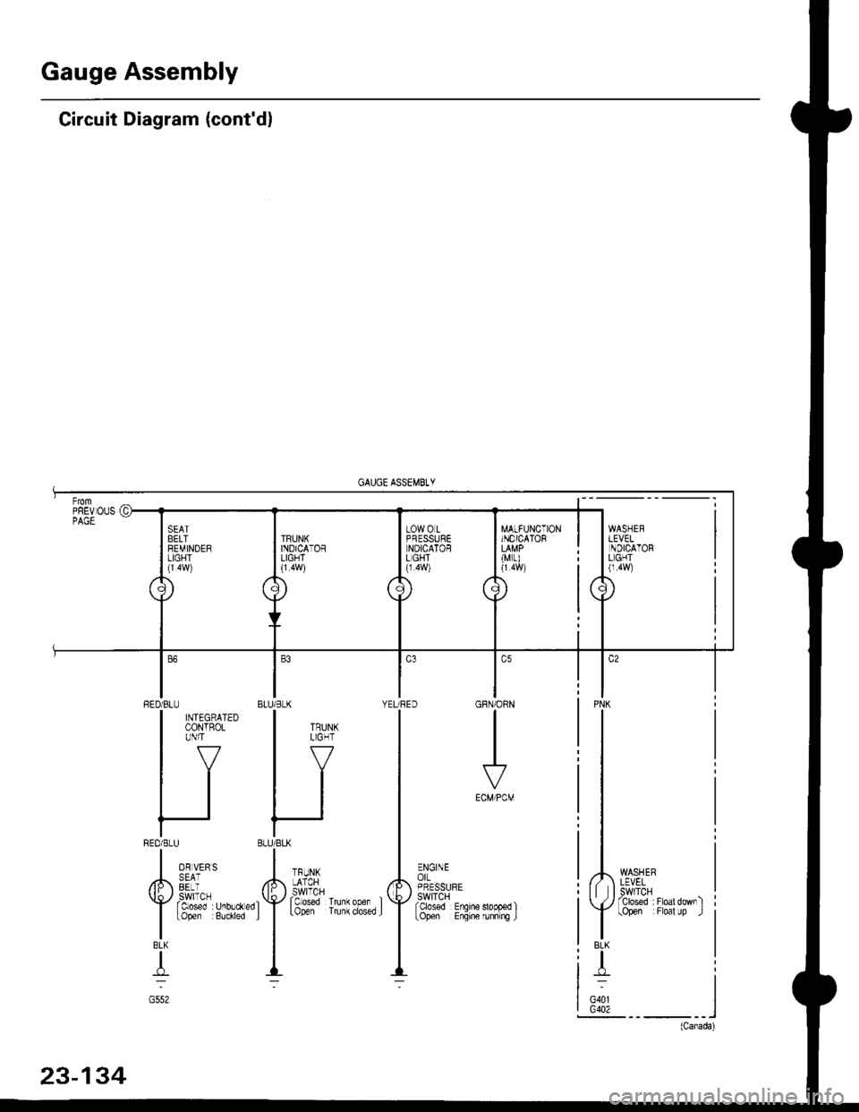 HONDA CIVIC 1996 6.G Workshop Manual Gauge Assembly
Circuit Diagram (contdl
MATFUNCTIONINOICATOR
(M r)
WASHERLEVELSWITCHTclosed :Floatdownltopen Floal up .l
PNK
BLK
T
G401G402
GRN/ORN
I
ECM/PCM
ENGINEorLPRESSURESWITCHfcbsed Enqine
BLU/B HONDA CIVIC 1996 6.G Workshop Manual Gauge Assembly
Circuit Diagram (contdl
MATFUNCTIONINOICATOR
(M r)
WASHERLEVELSWITCHTclosed :Floatdownltopen Floal up .l
PNK
BLK
T
G401G402
GRN/ORN
I
ECM/PCM
ENGINEorLPRESSURESWITCHfcbsed Enqine
BLU/B