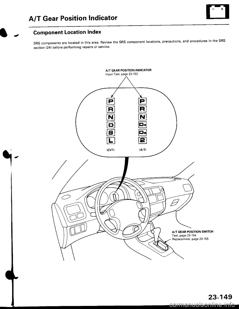 HONDA CIVIC 1998 6.G Owners Guide A/T Gear Position Indicator
Component Location lndex
sRS components are located in this area. Review the sRS component locations, precautions, and procedures in the sRS
section (241 before performing HONDA CIVIC 1998 6.G Owners Guide A/T Gear Position Indicator
Component Location lndex
sRS components are located in this area. Review the sRS component locations, precautions, and procedures in the sRS
section (241 before performing